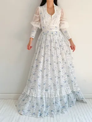 1970s Gunne Sax Puff Sleeves Cotton Dress - S-M