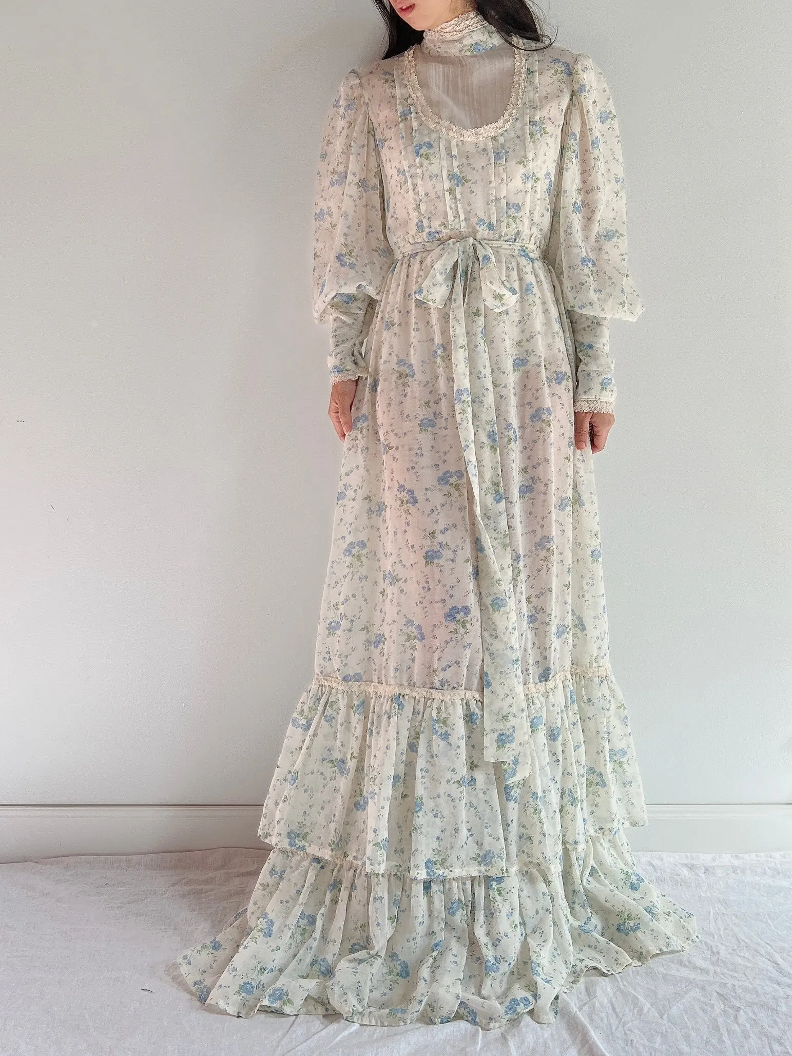 1970s Puff Sleeve Cotton Calico Dress - M
