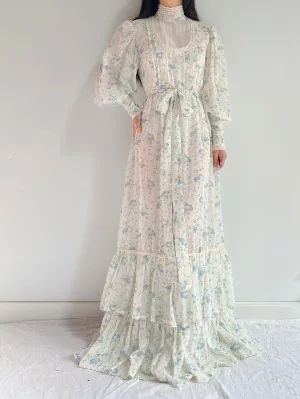 1970s Puff Sleeve Cotton Calico Dress - M