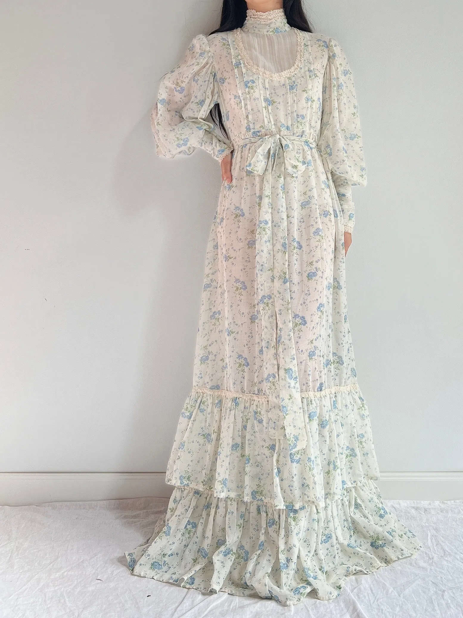 1970s Puff Sleeve Cotton Calico Dress - M