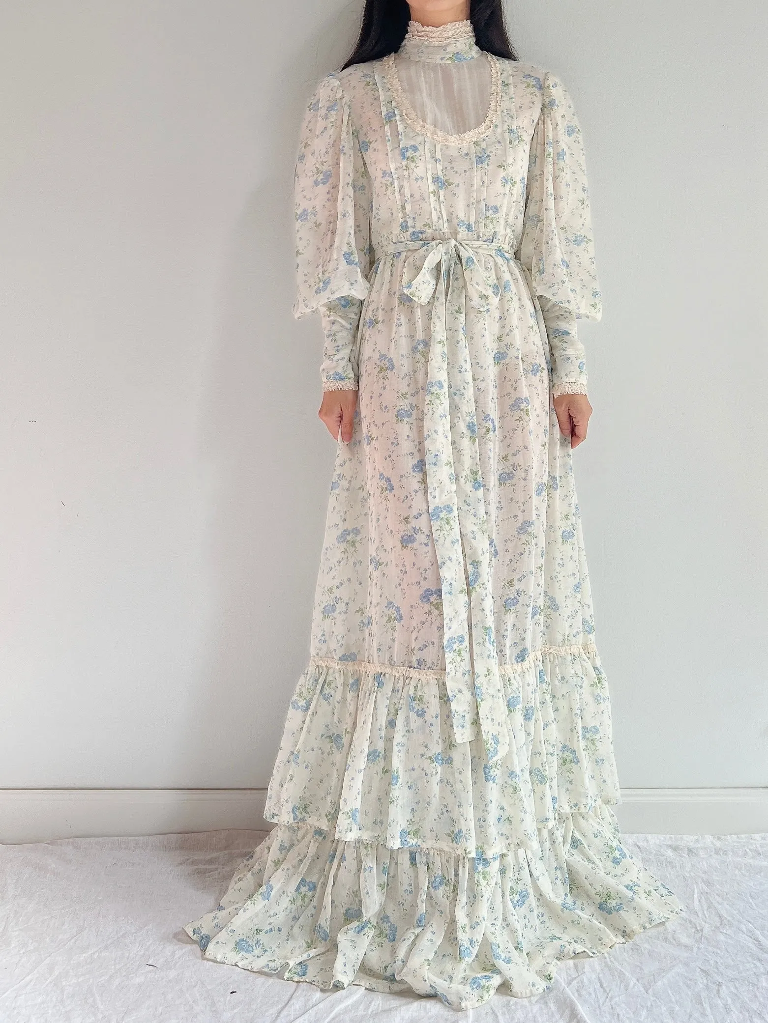 1970s Puff Sleeve Cotton Calico Dress - M