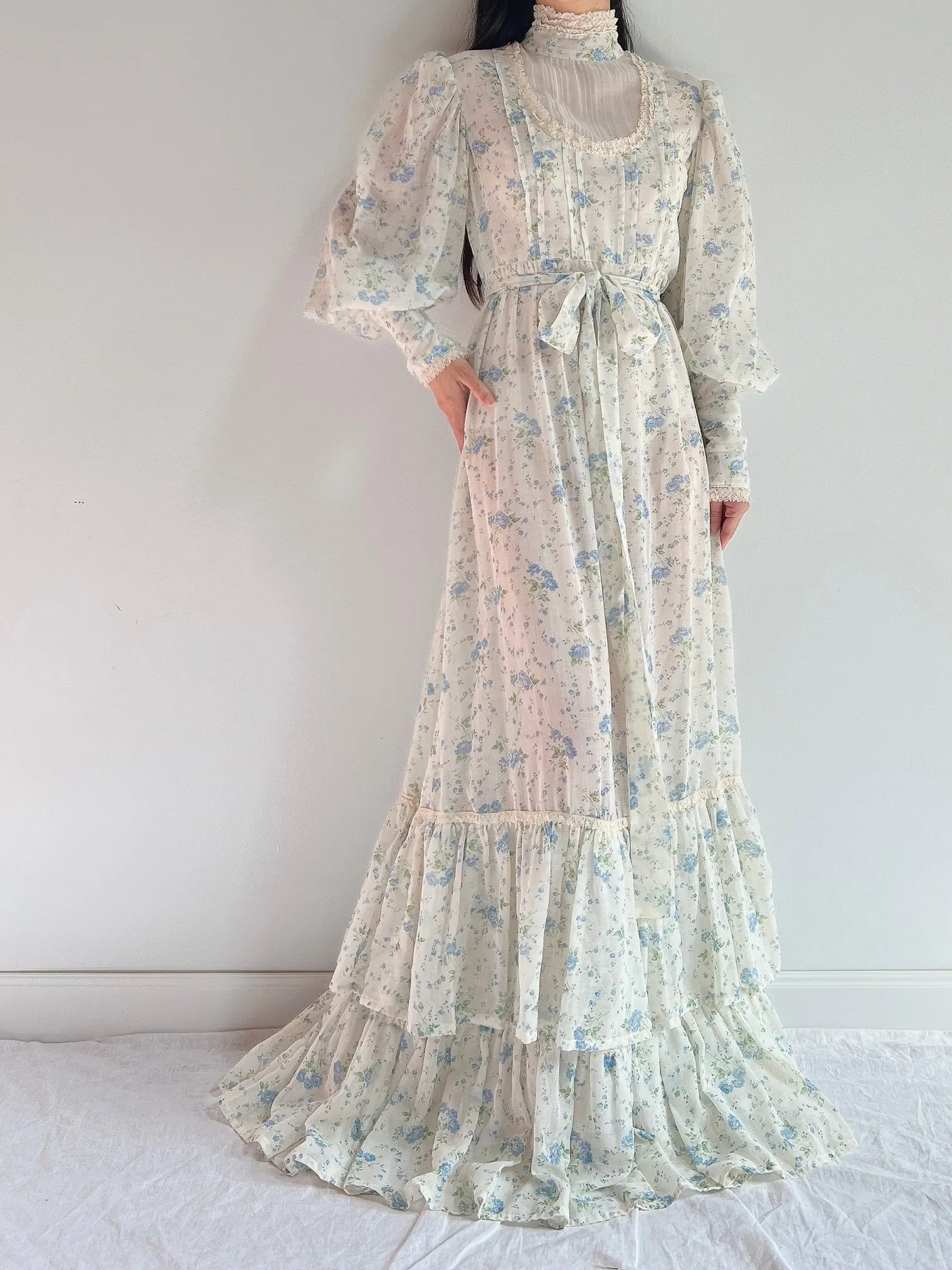 1970s Puff Sleeve Cotton Calico Dress - M