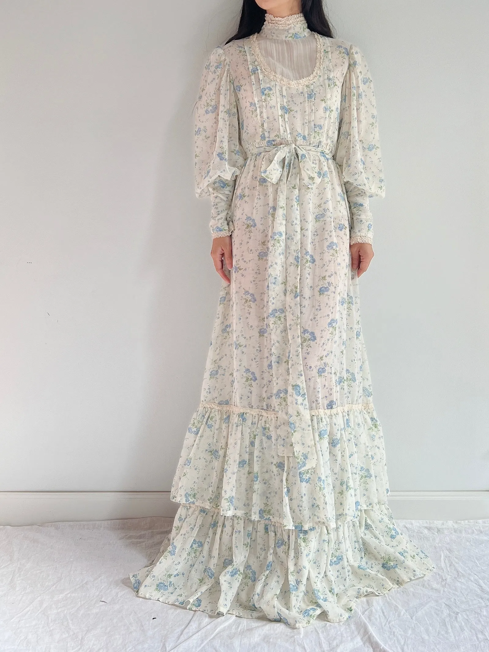 1970s Puff Sleeve Cotton Calico Dress - M