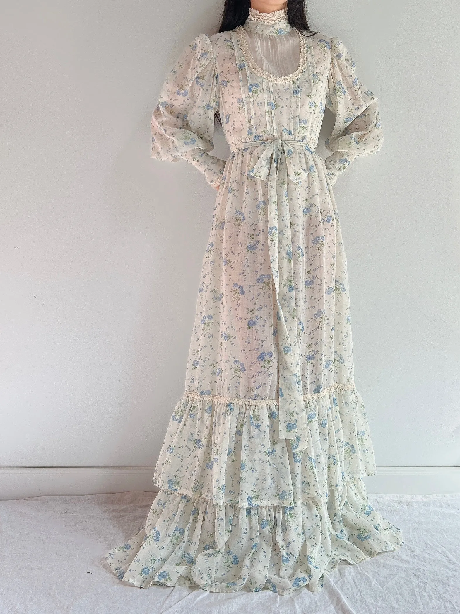1970s Puff Sleeve Cotton Calico Dress - M
