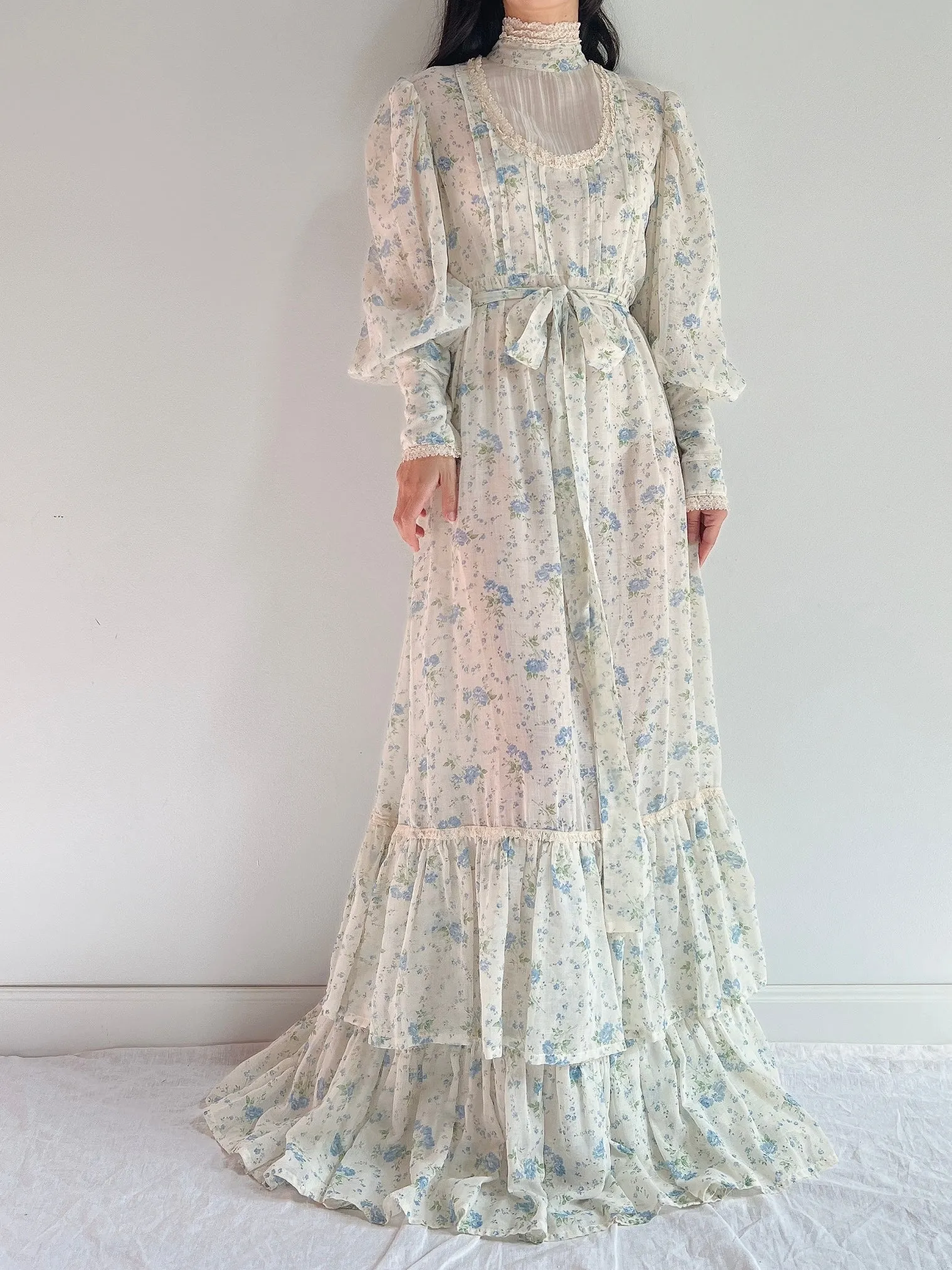 1970s Puff Sleeve Cotton Calico Dress - M