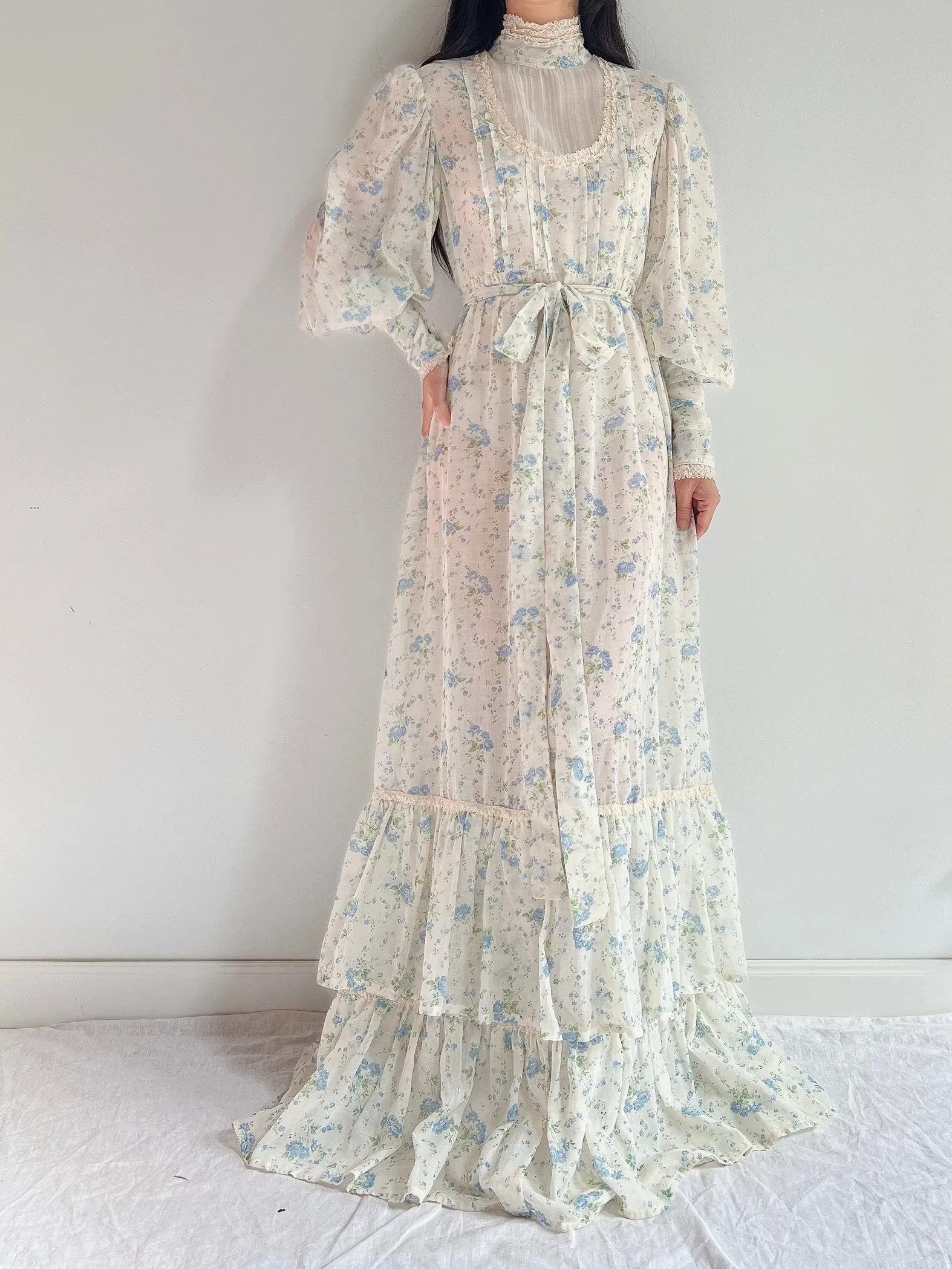 1970s Puff Sleeve Cotton Calico Dress - M
