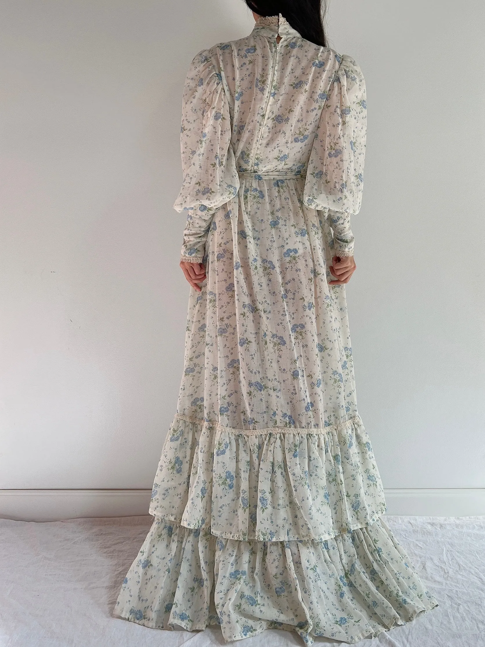 1970s Puff Sleeve Cotton Calico Dress - M