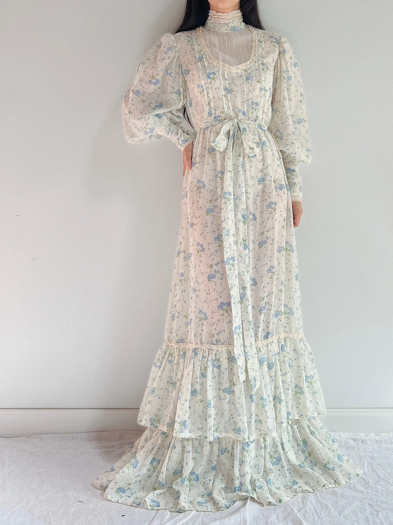 1970s Puff Sleeve Cotton Calico Dress - M