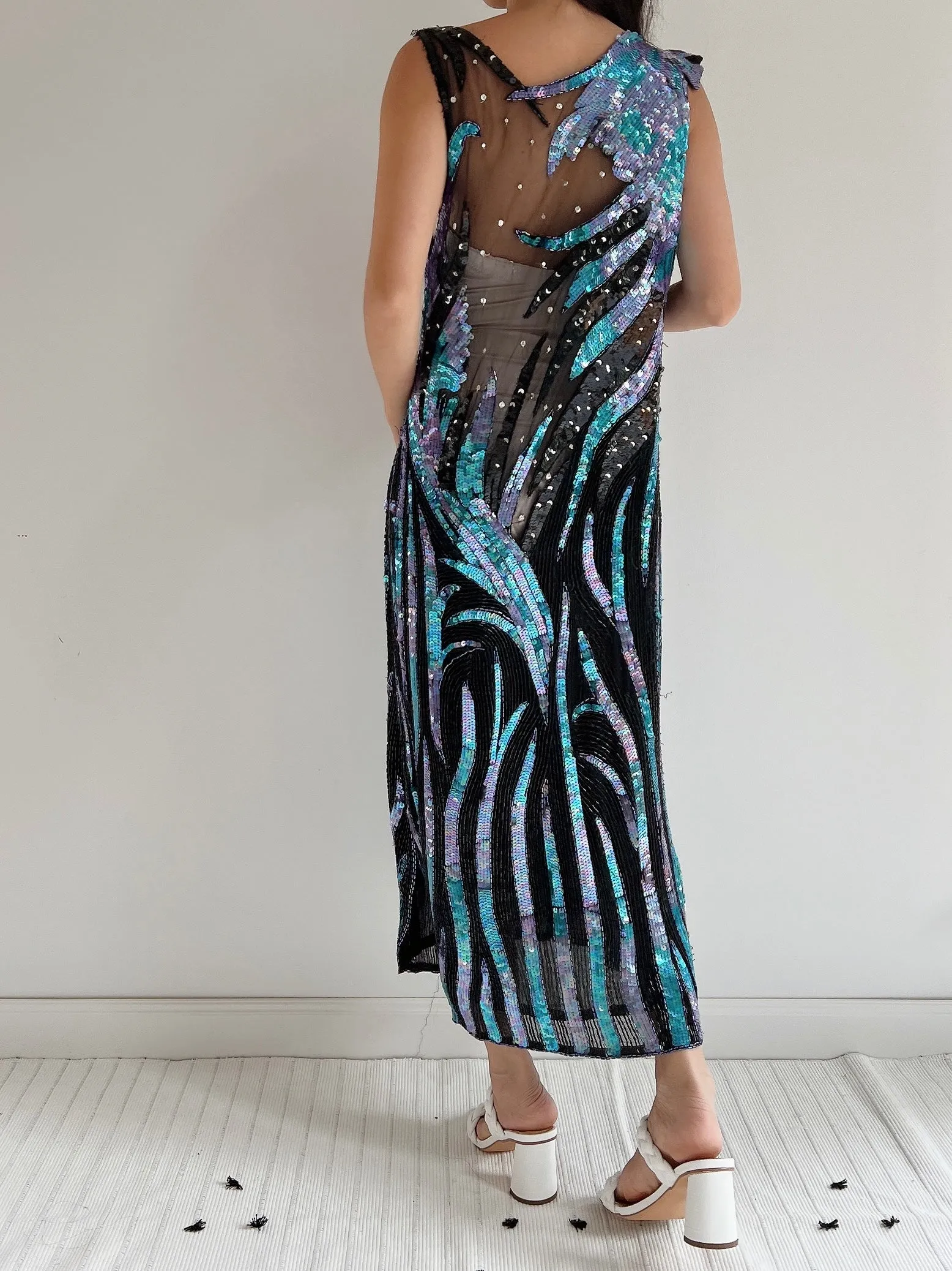 1980s Illusion Abstract Beaded Dress - S/M