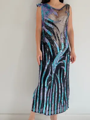 1980s Illusion Abstract Beaded Dress - S/M
