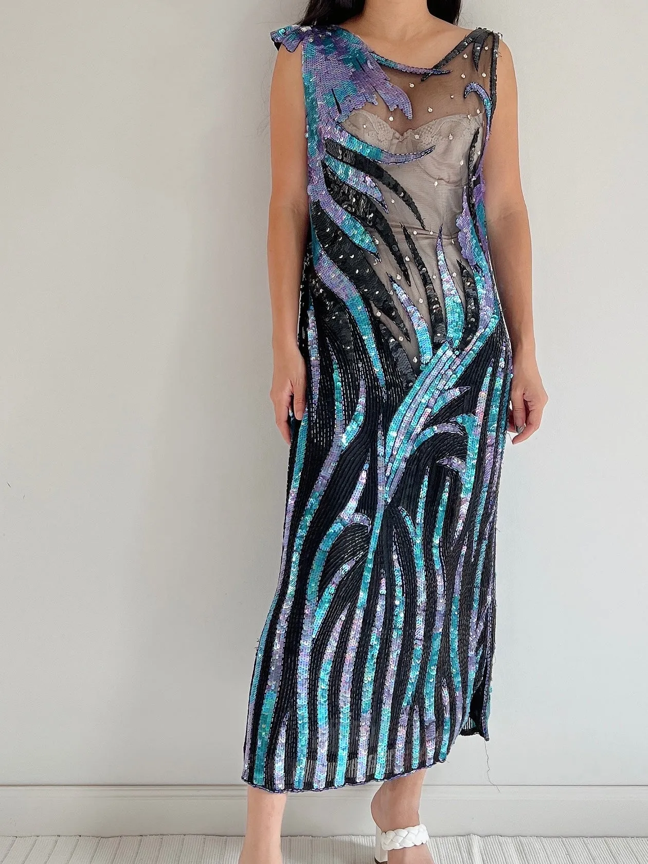 1980s Illusion Abstract Beaded Dress - S/M