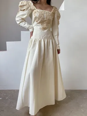 1980s Mutton Sleeve Embroidered Appliqués Gown - M