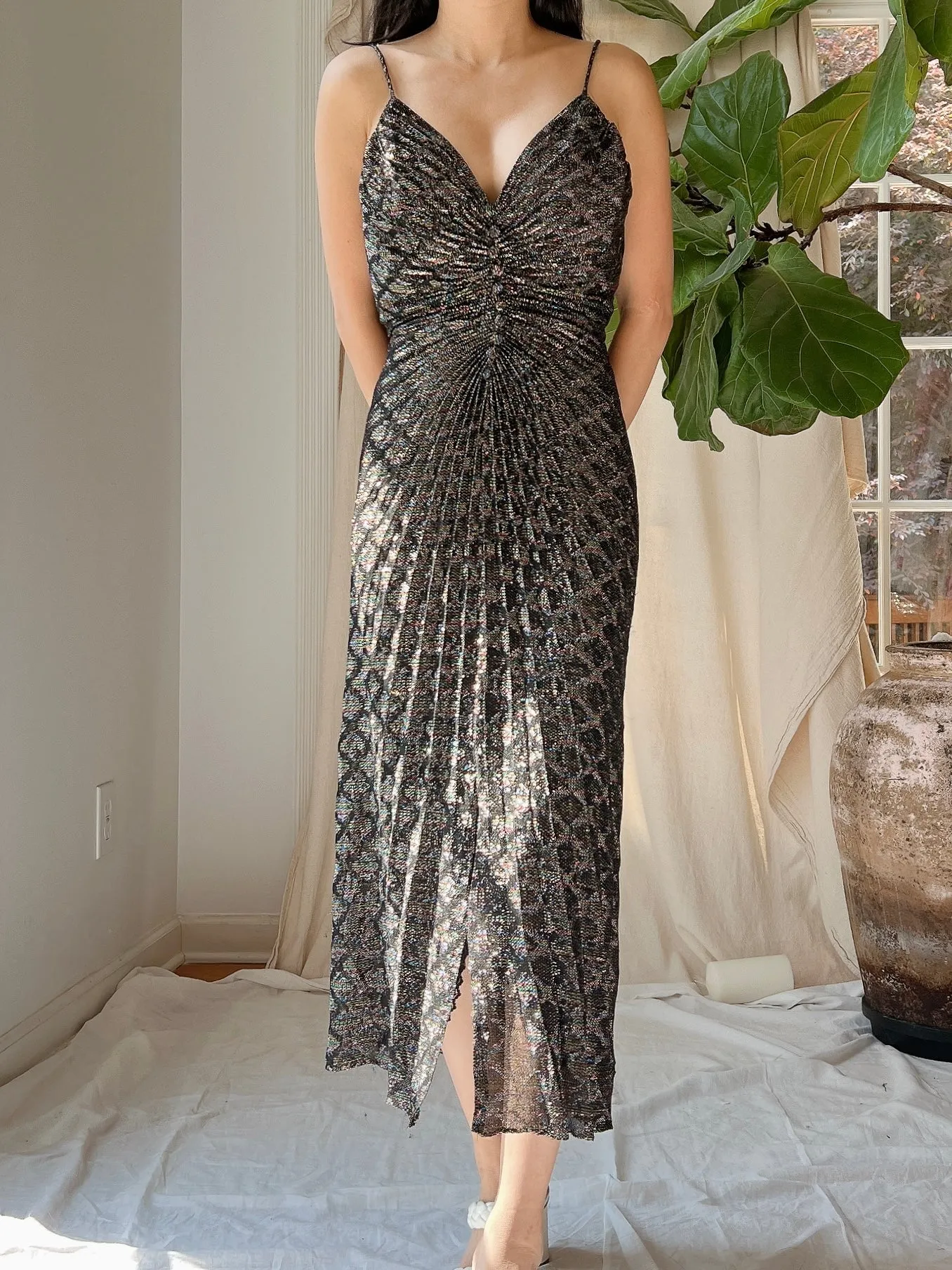 1980s Pleated Lurex Dress - M