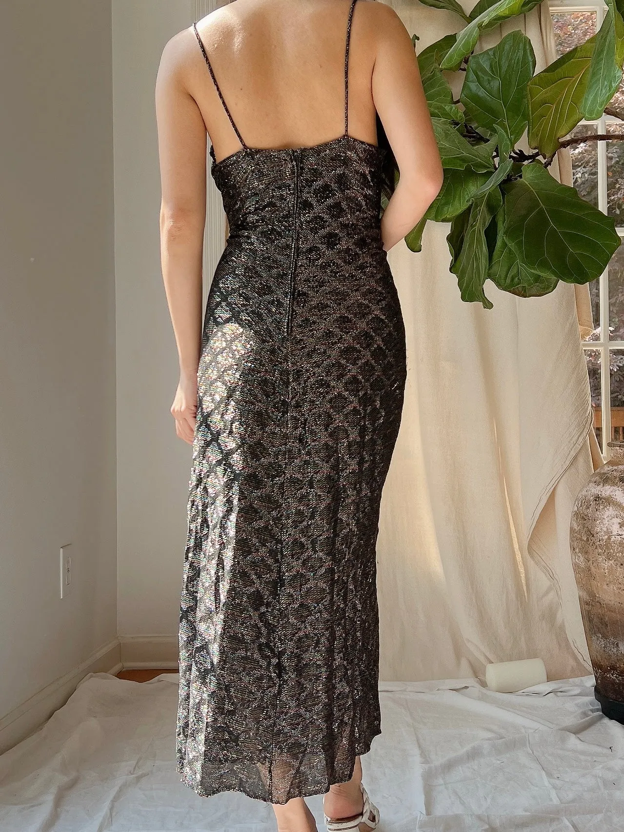 1980s Pleated Lurex Dress - M