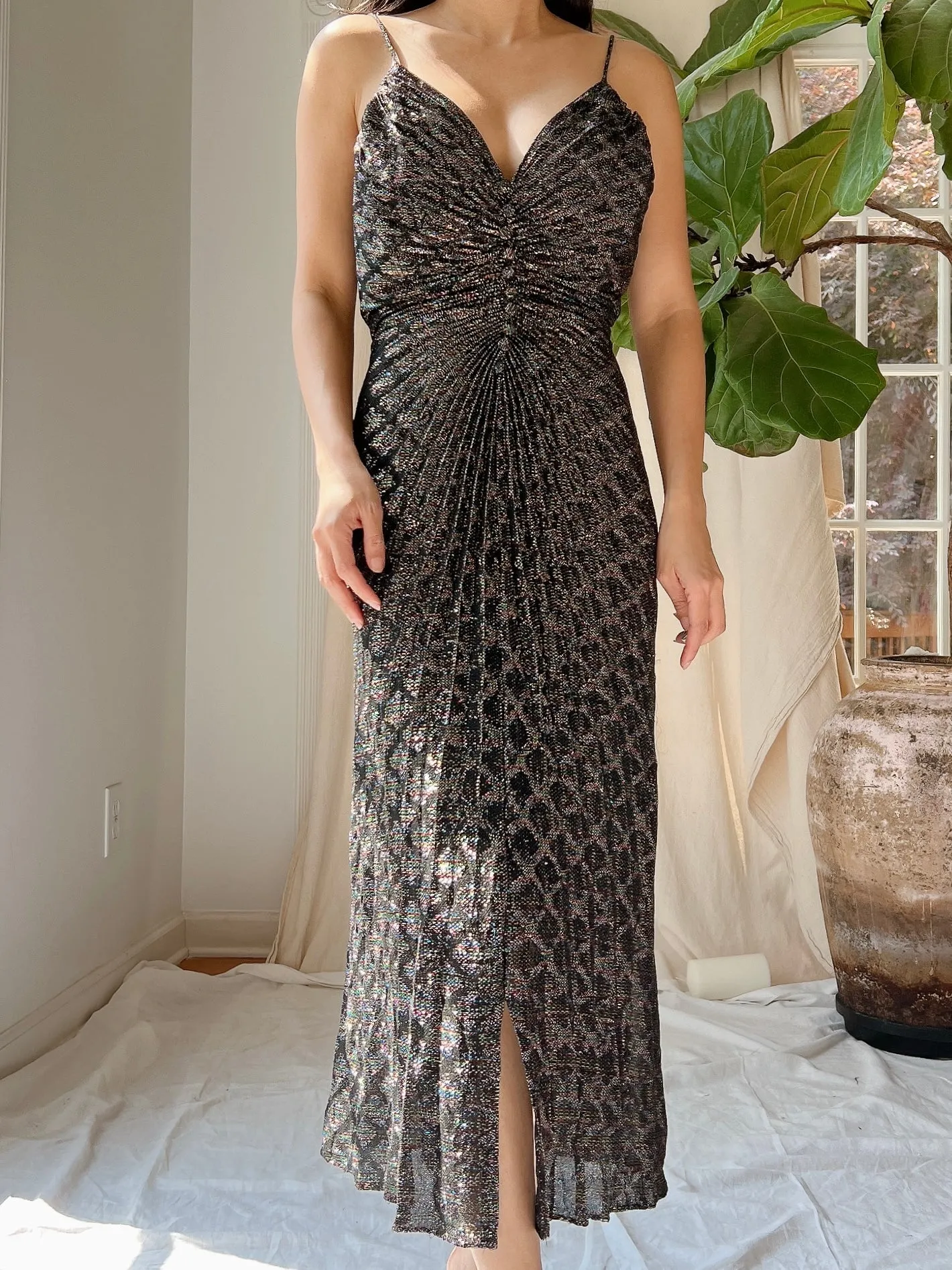 1980s Pleated Lurex Dress - M