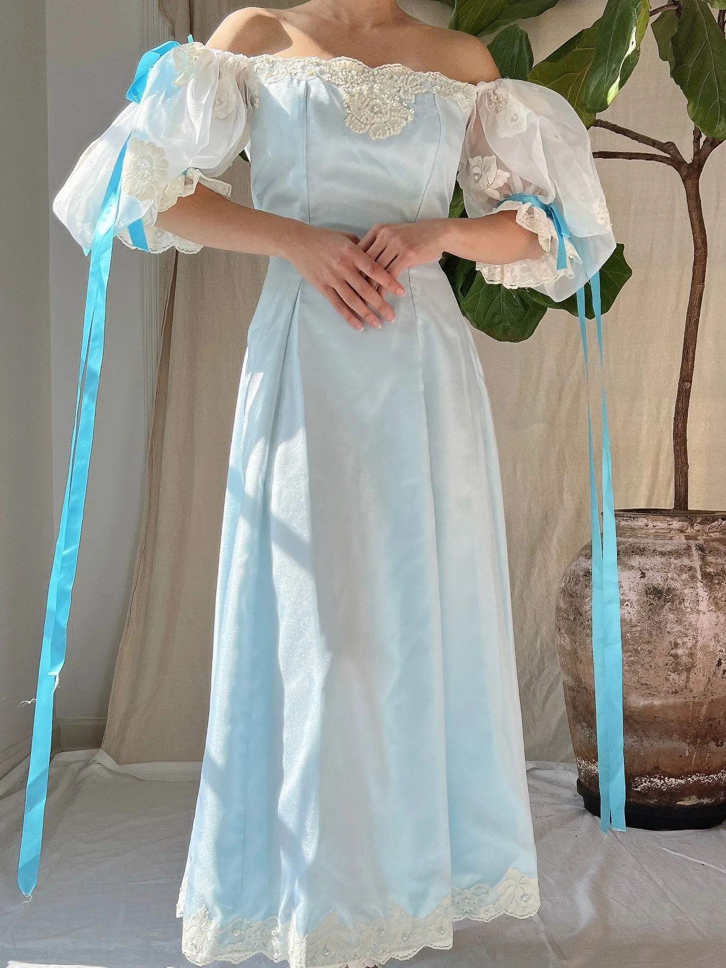 1980s Puff Sleeve Cyan Dress - XS