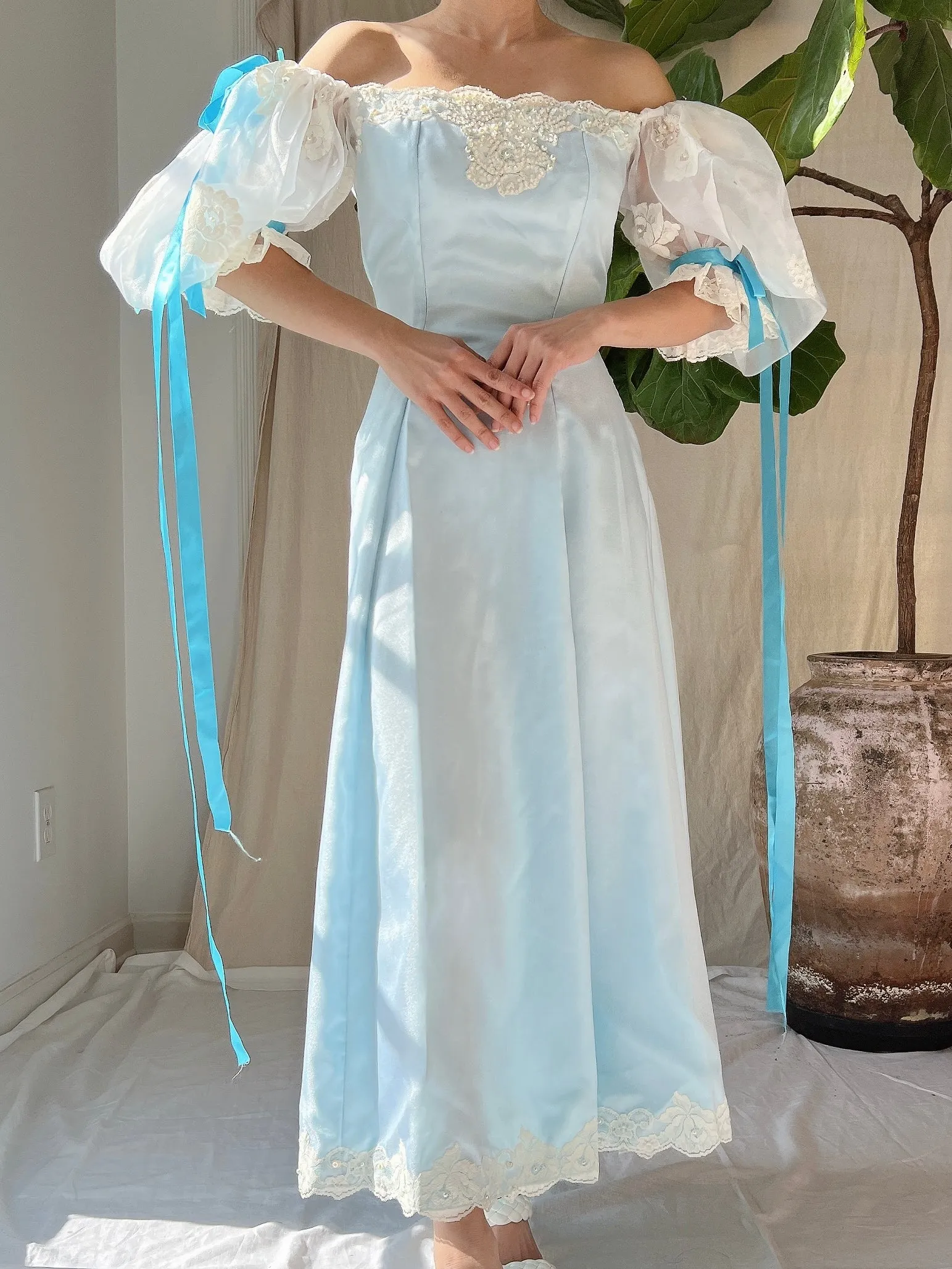 1980s Puff Sleeve Cyan Dress - XS