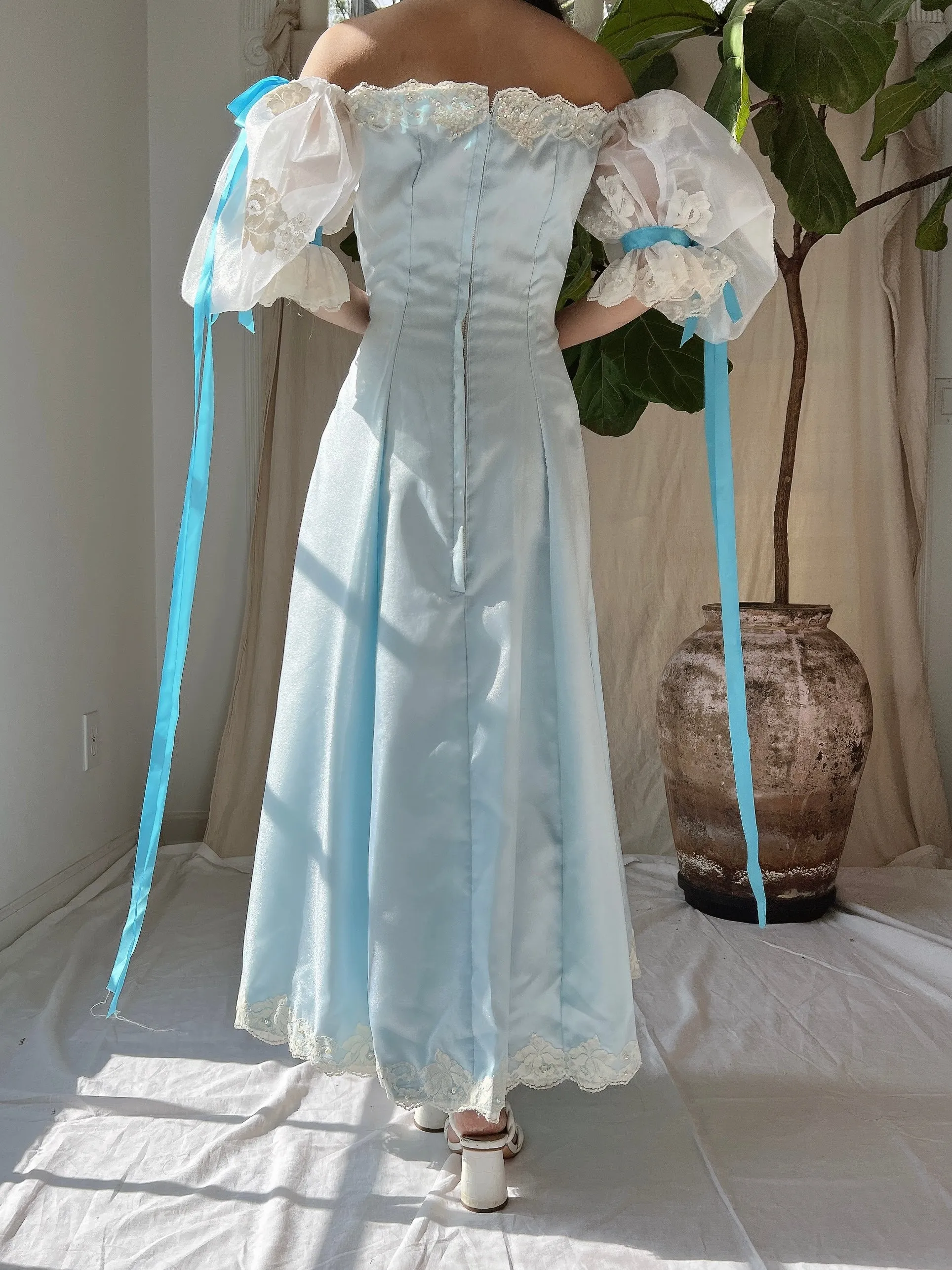 1980s Puff Sleeve Cyan Dress - XS