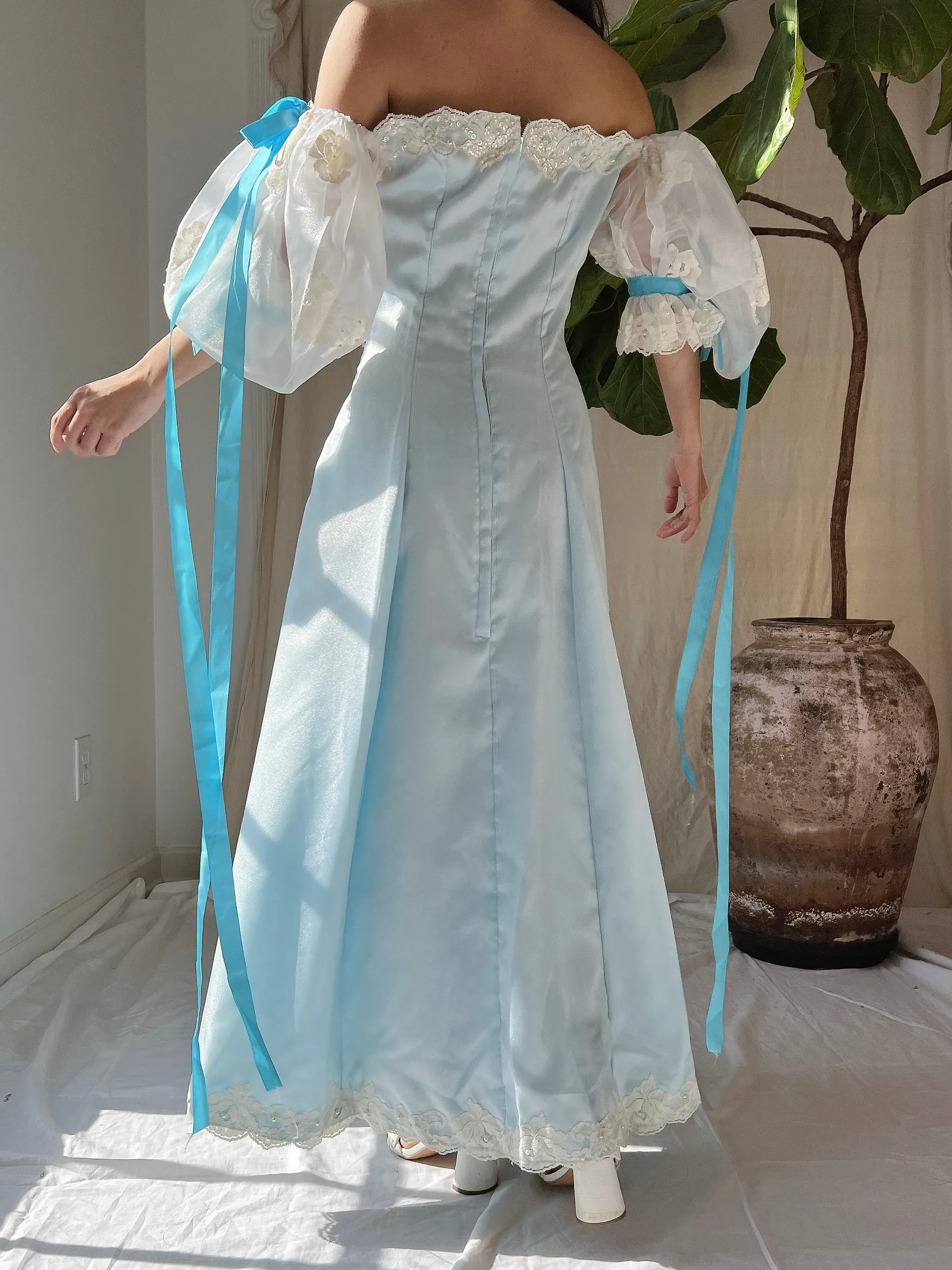 1980s Puff Sleeve Cyan Dress - XS