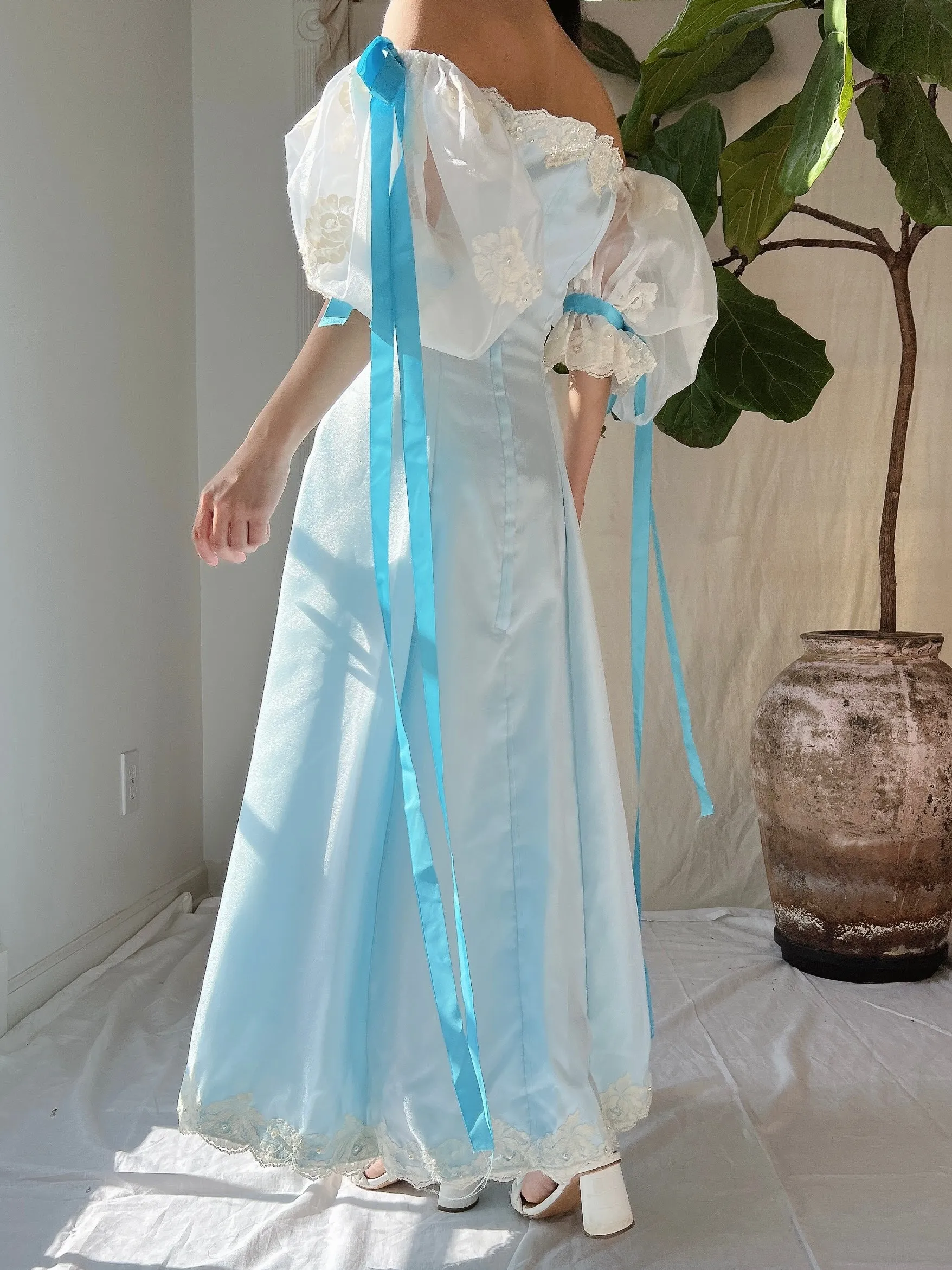 1980s Puff Sleeve Cyan Dress - XS