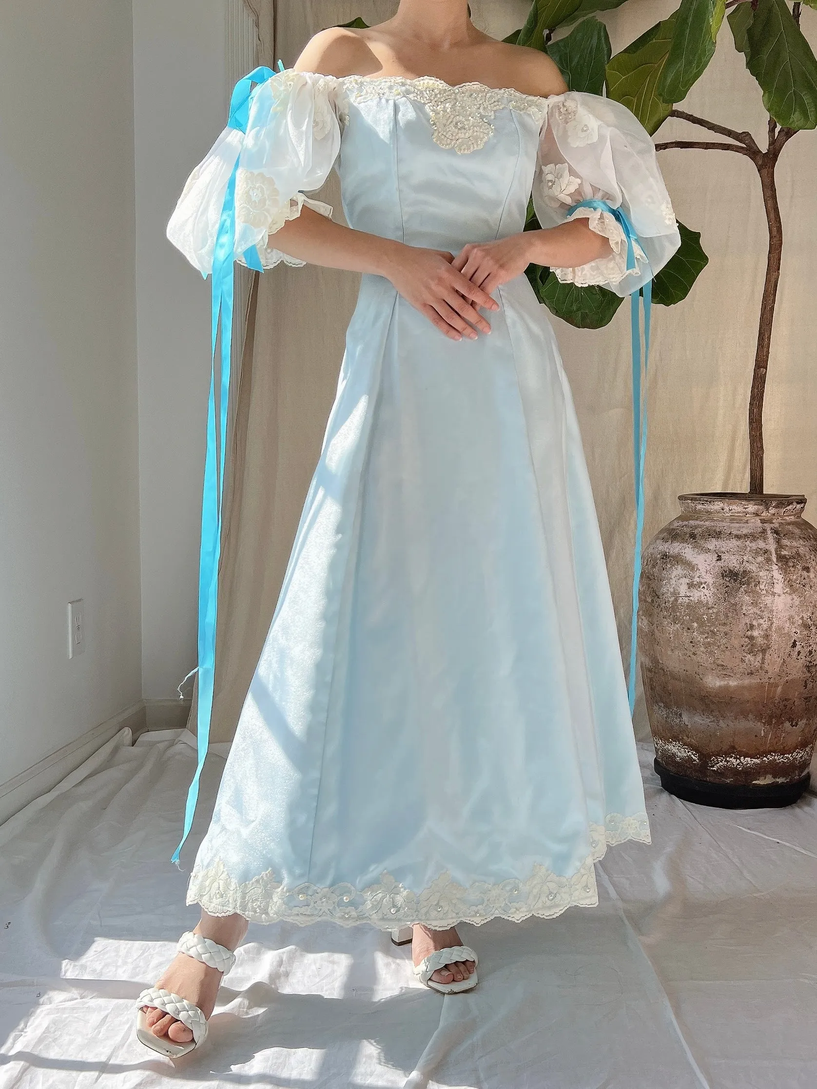 1980s Puff Sleeve Cyan Dress - XS