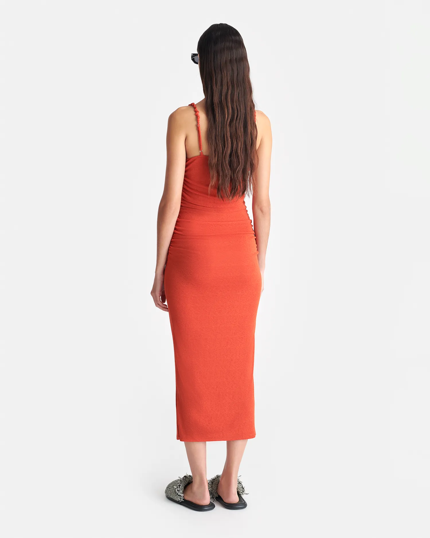 Alexa - Mesh Jersey Midi Dress - Red Orange