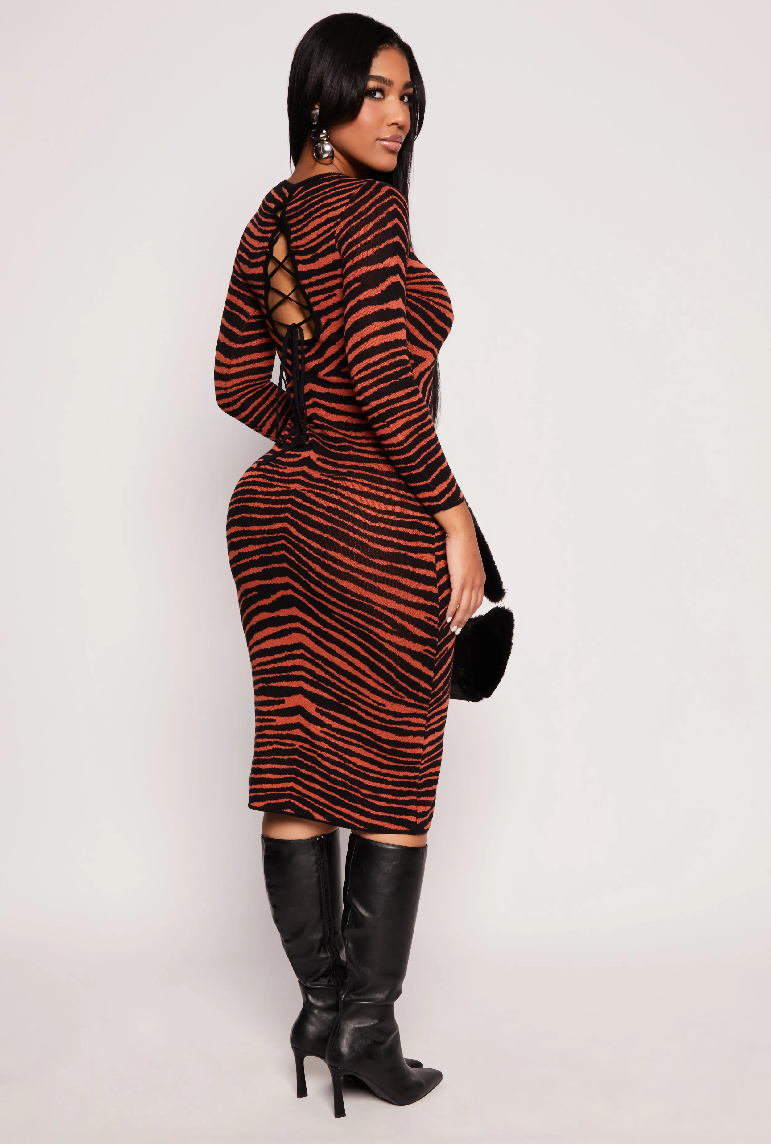Almost Famous Zebra Lace Up Back Sweater Dress