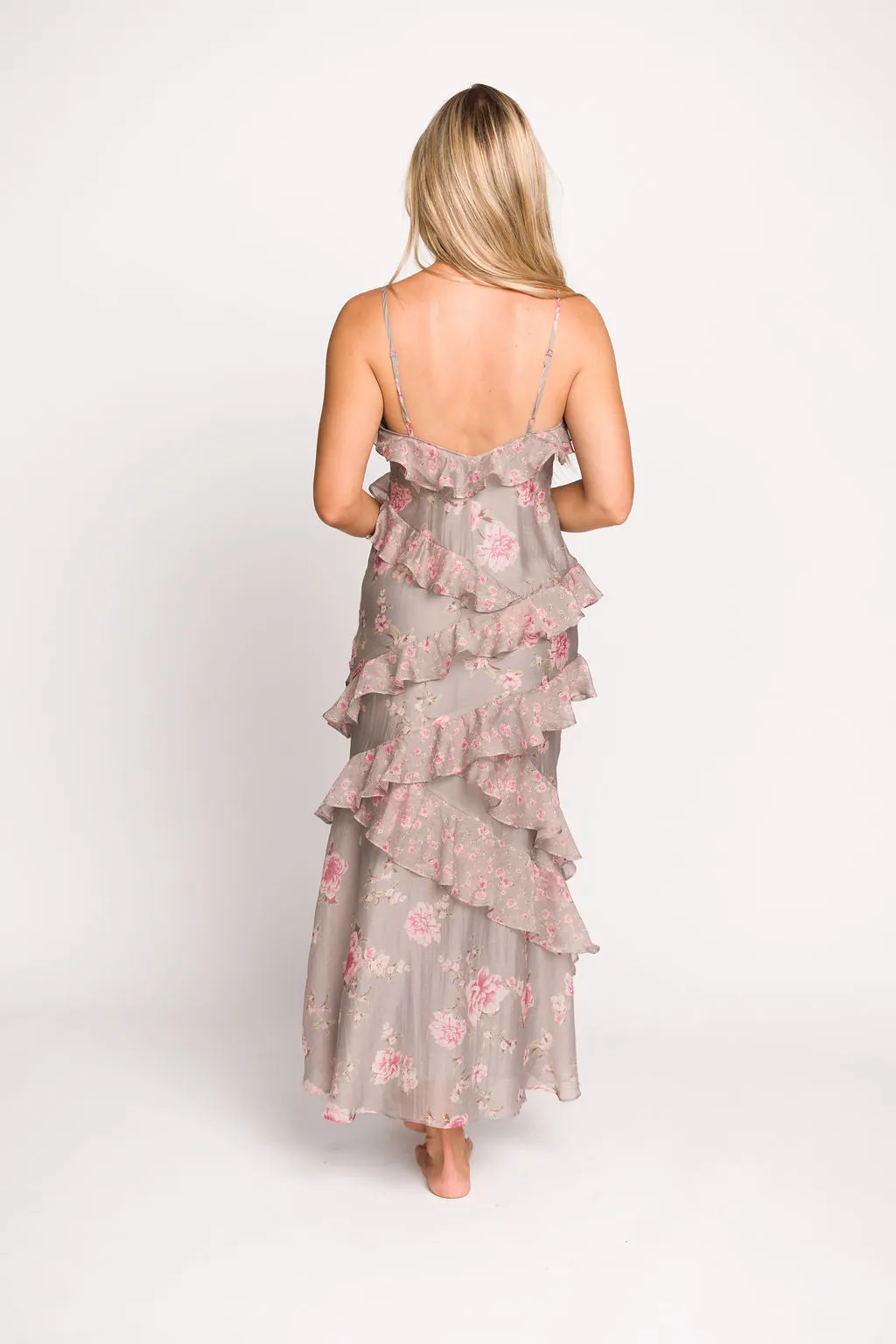Amelia Ruffle Maxi Dress in Grey/Pink Floral