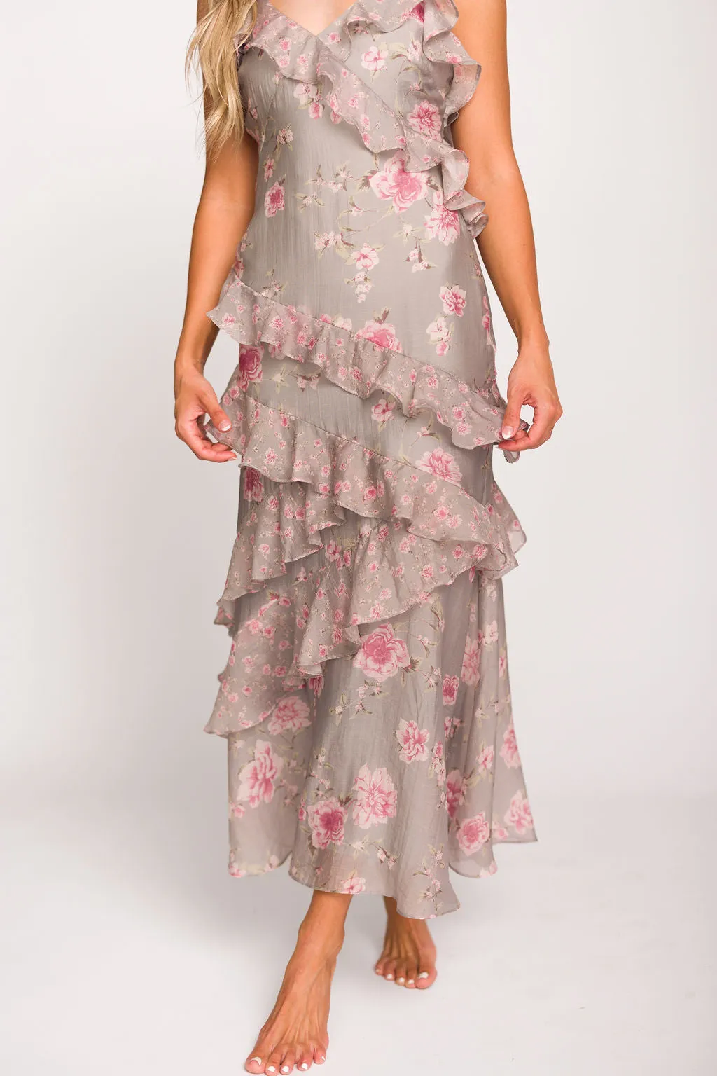 Amelia Ruffle Maxi Dress in Grey/Pink Floral
