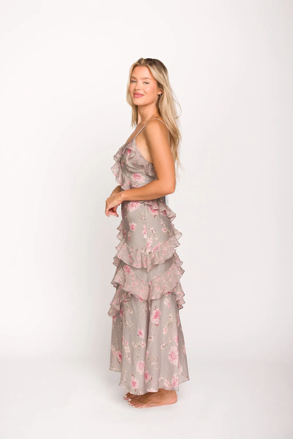 Amelia Ruffle Maxi Dress in Grey/Pink Floral