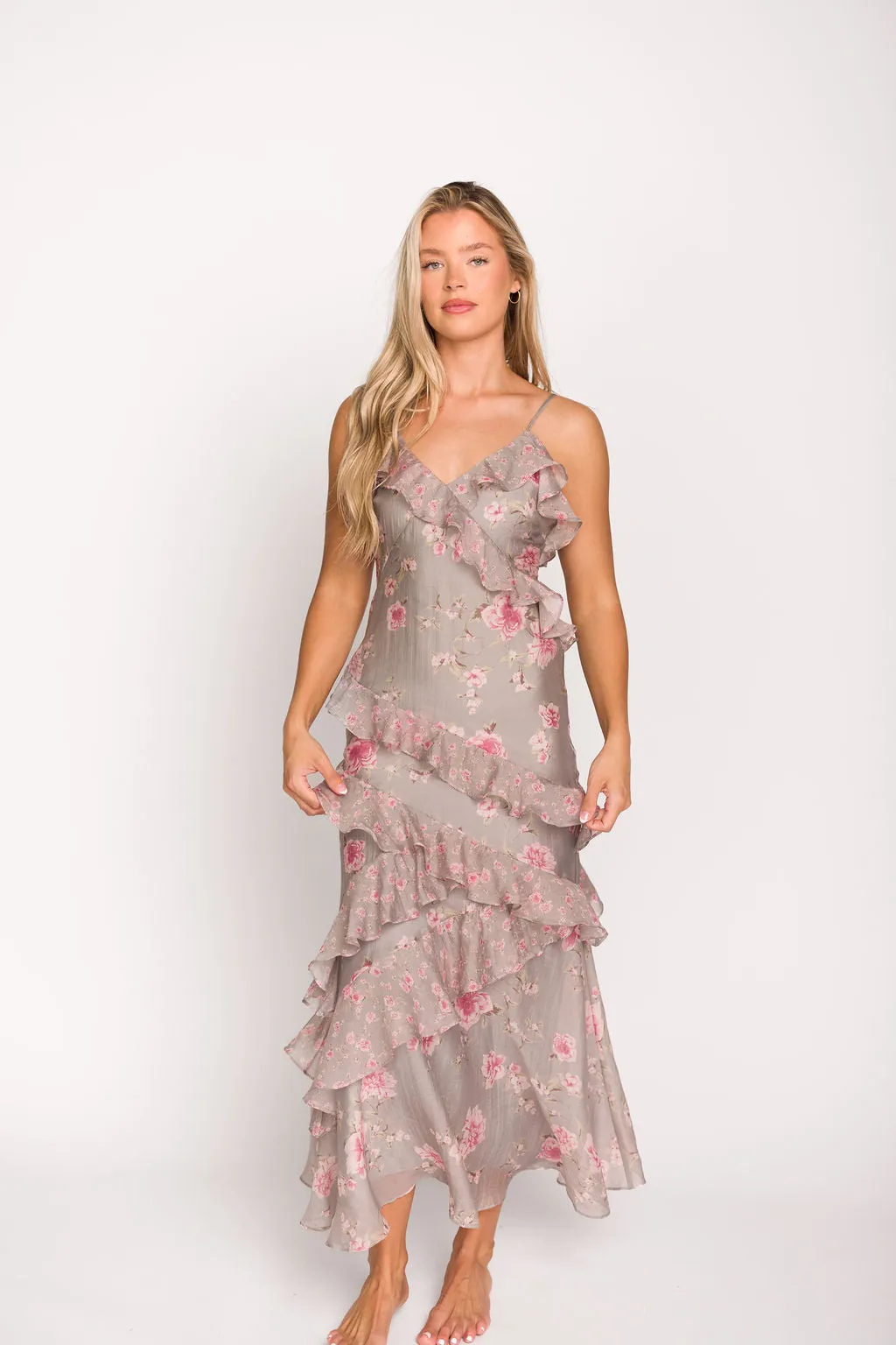 Amelia Ruffle Maxi Dress in Grey/Pink Floral