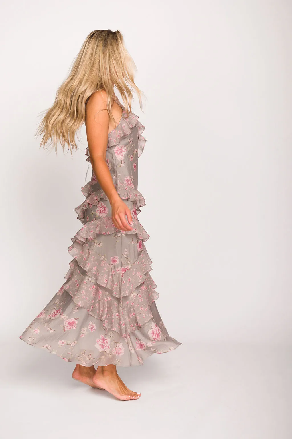 Amelia Ruffle Maxi Dress in Grey/Pink Floral