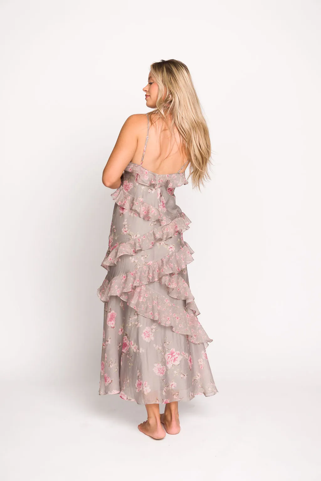 Amelia Ruffle Maxi Dress in Grey/Pink Floral