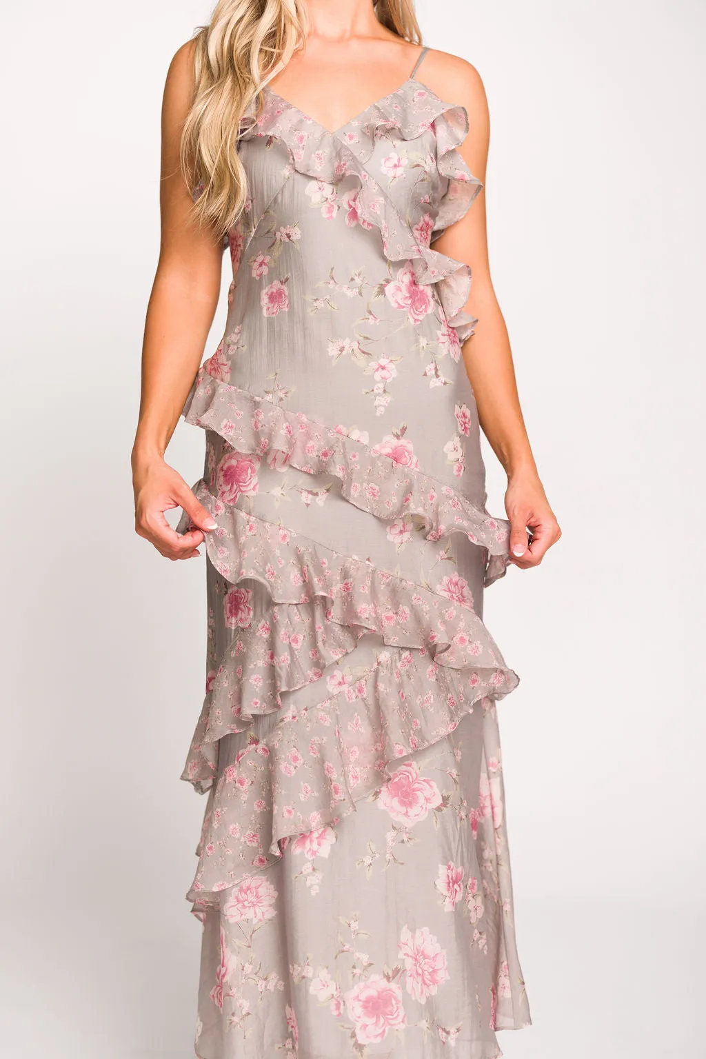 Amelia Ruffle Maxi Dress in Grey/Pink Floral