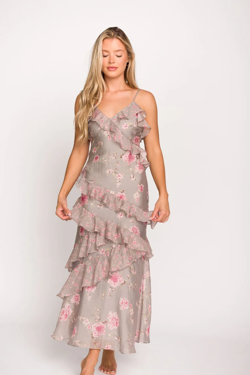 Amelia Ruffle Maxi Dress in Grey/Pink Floral