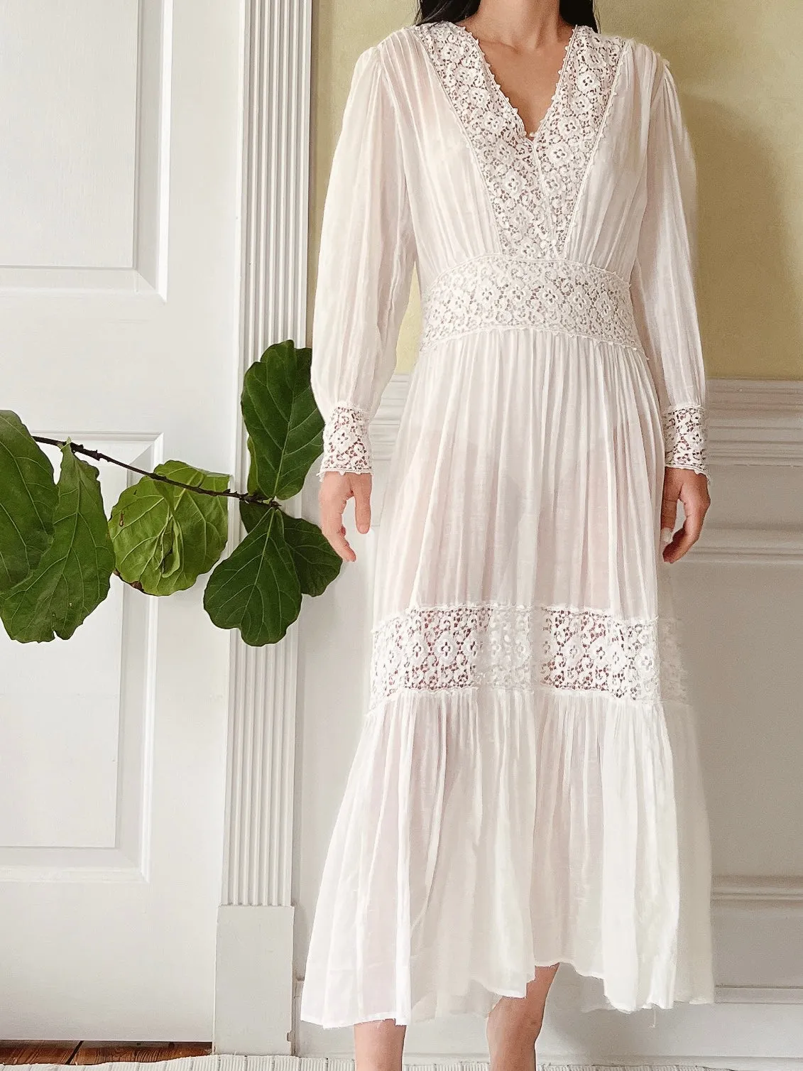 Antique Cotton and Crochet Dress - XS