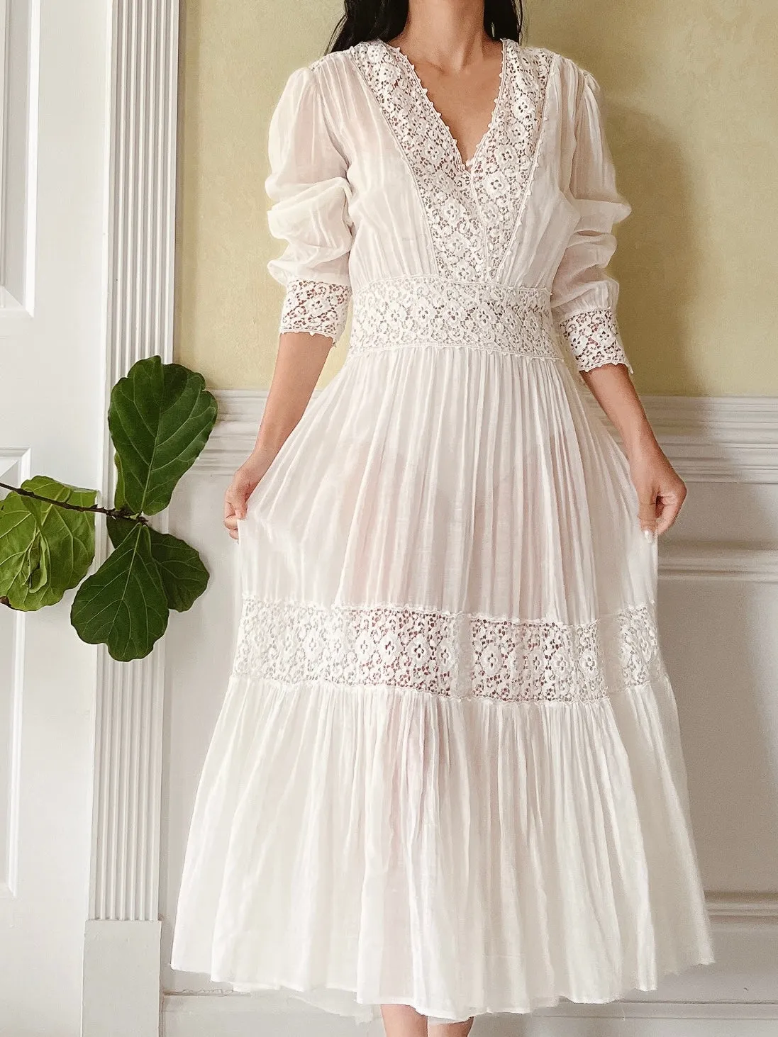 Antique Cotton and Crochet Dress - XS