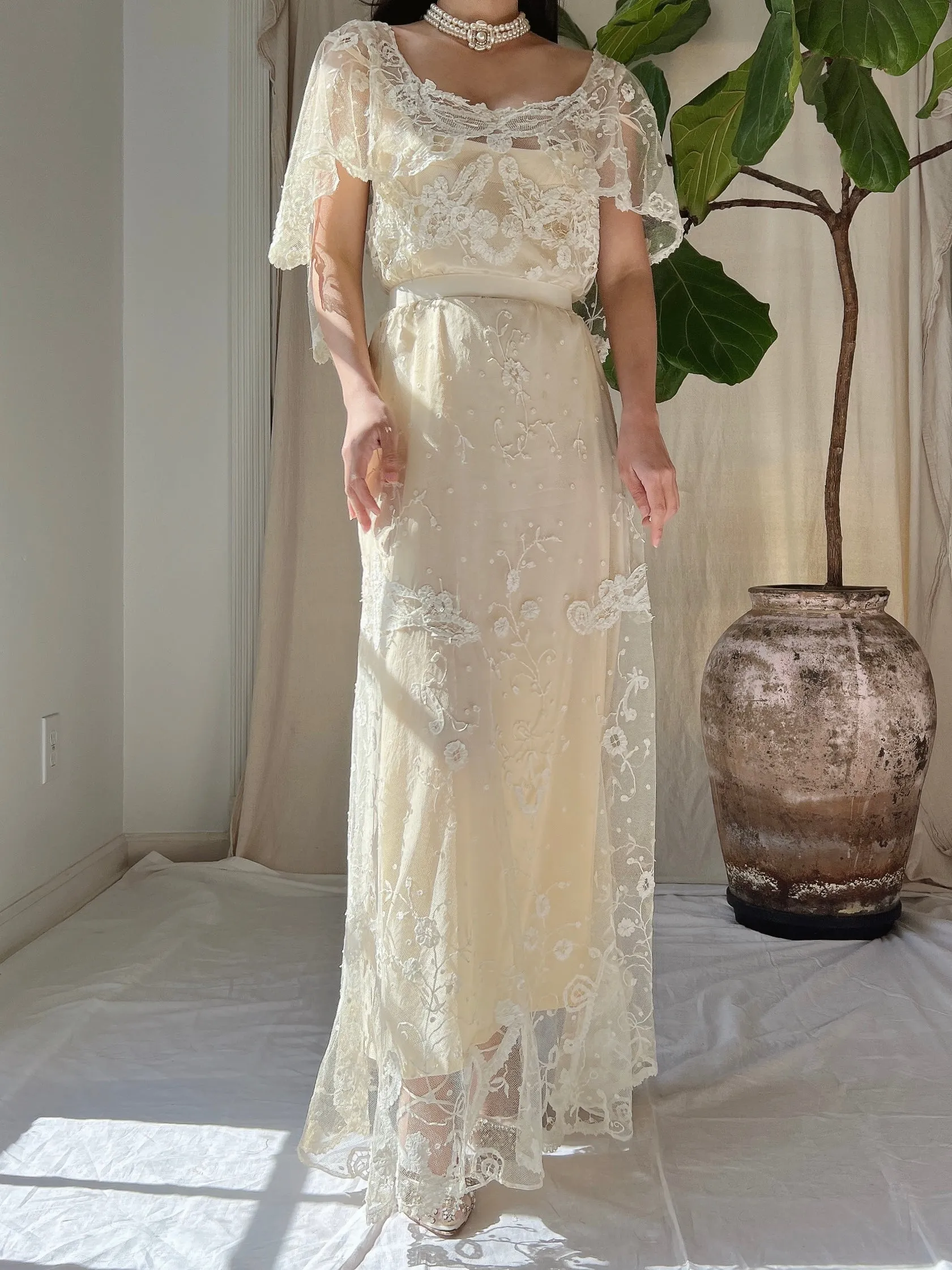 Antique Duchesse Lace Gown with Silk Slip - S