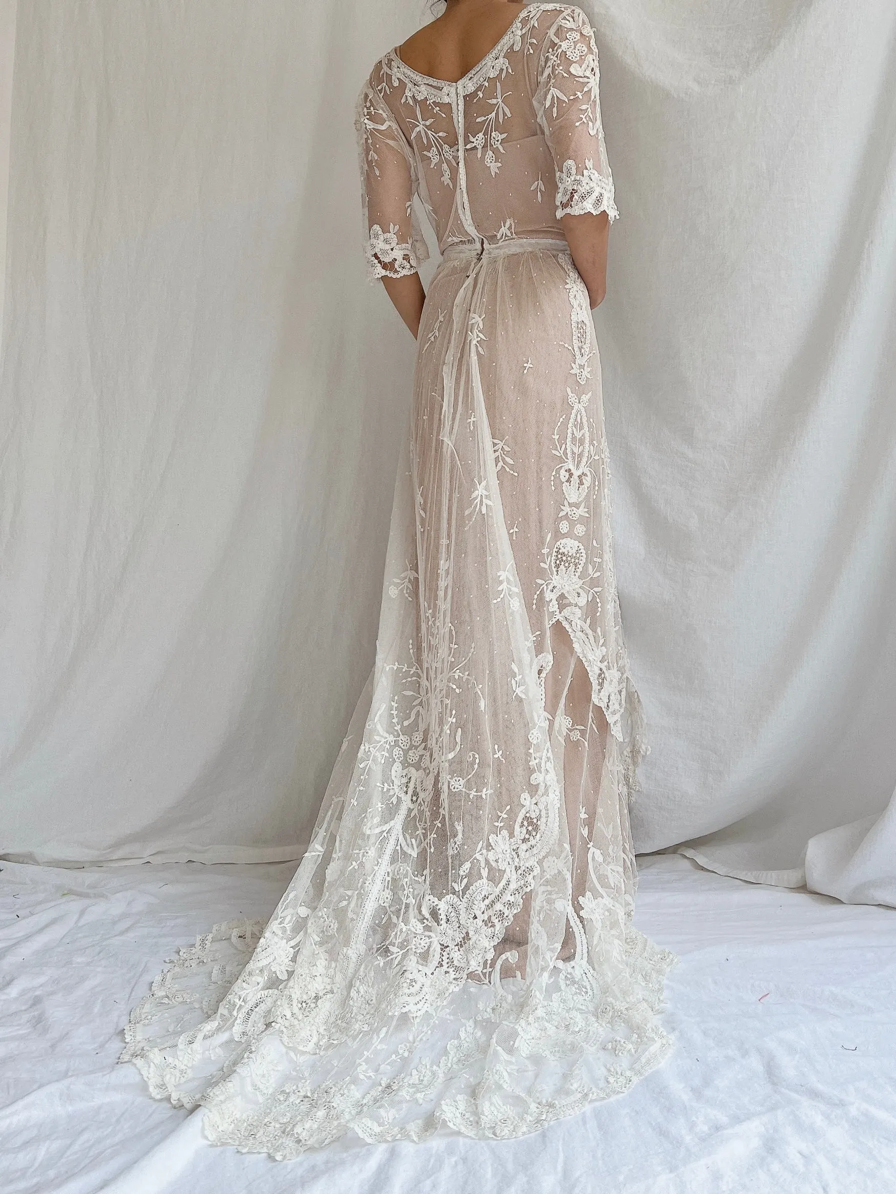 Antique Duchesse Lace Gown with Silk Slip - S