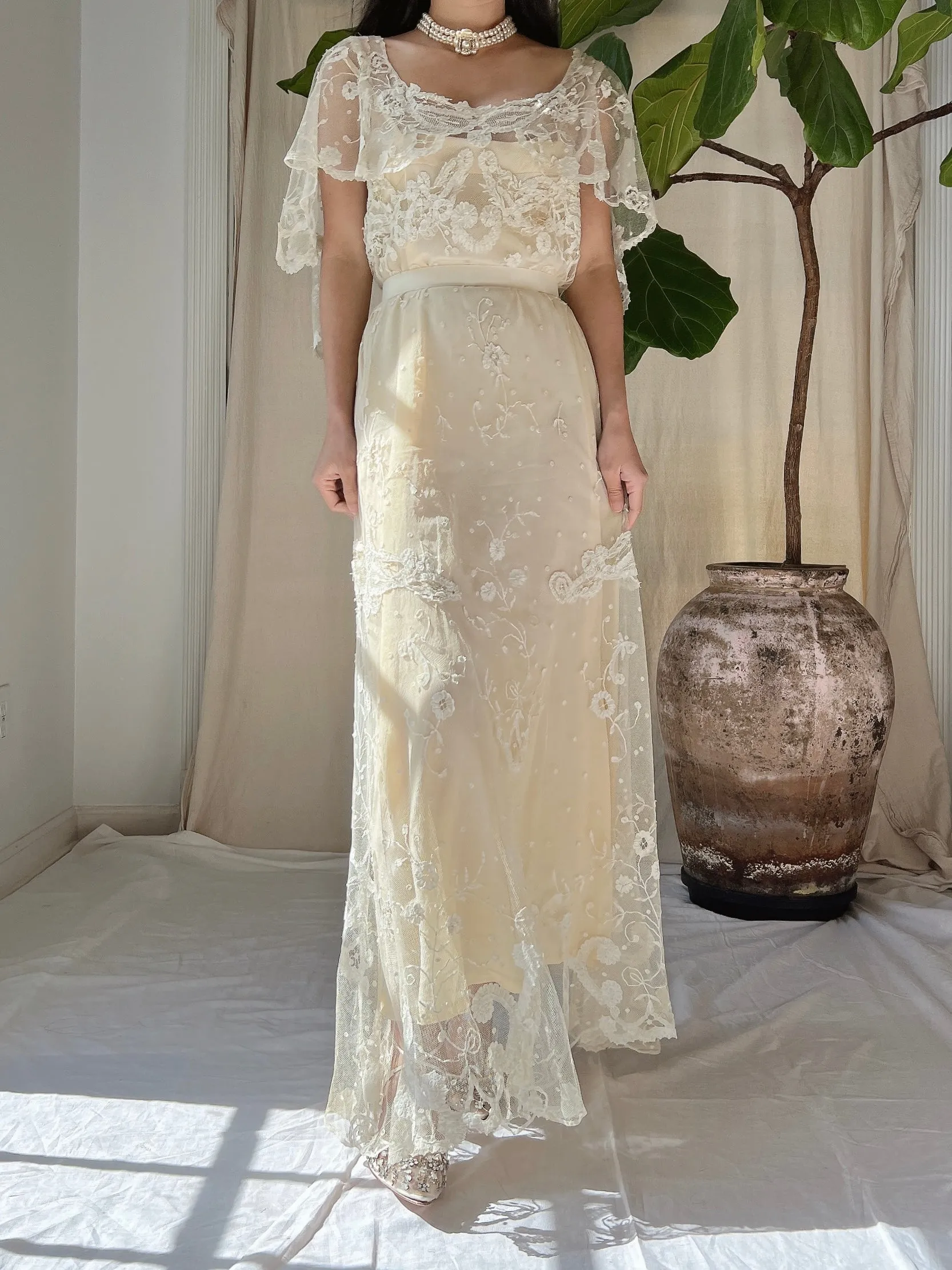 Antique Duchesse Lace Gown with Silk Slip - S