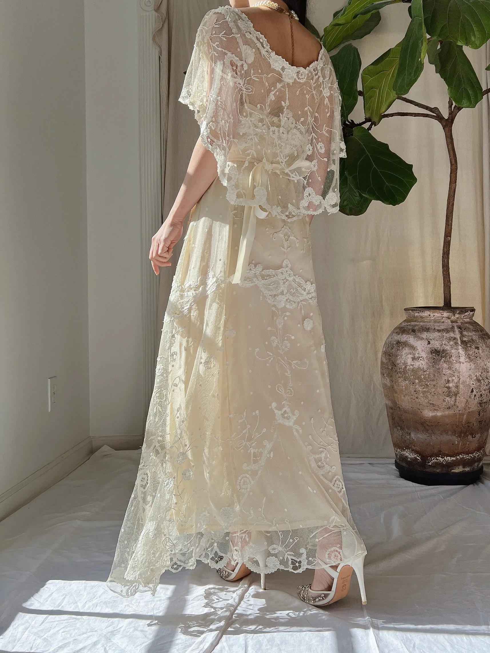 Antique Duchesse Lace Gown with Silk Slip - S