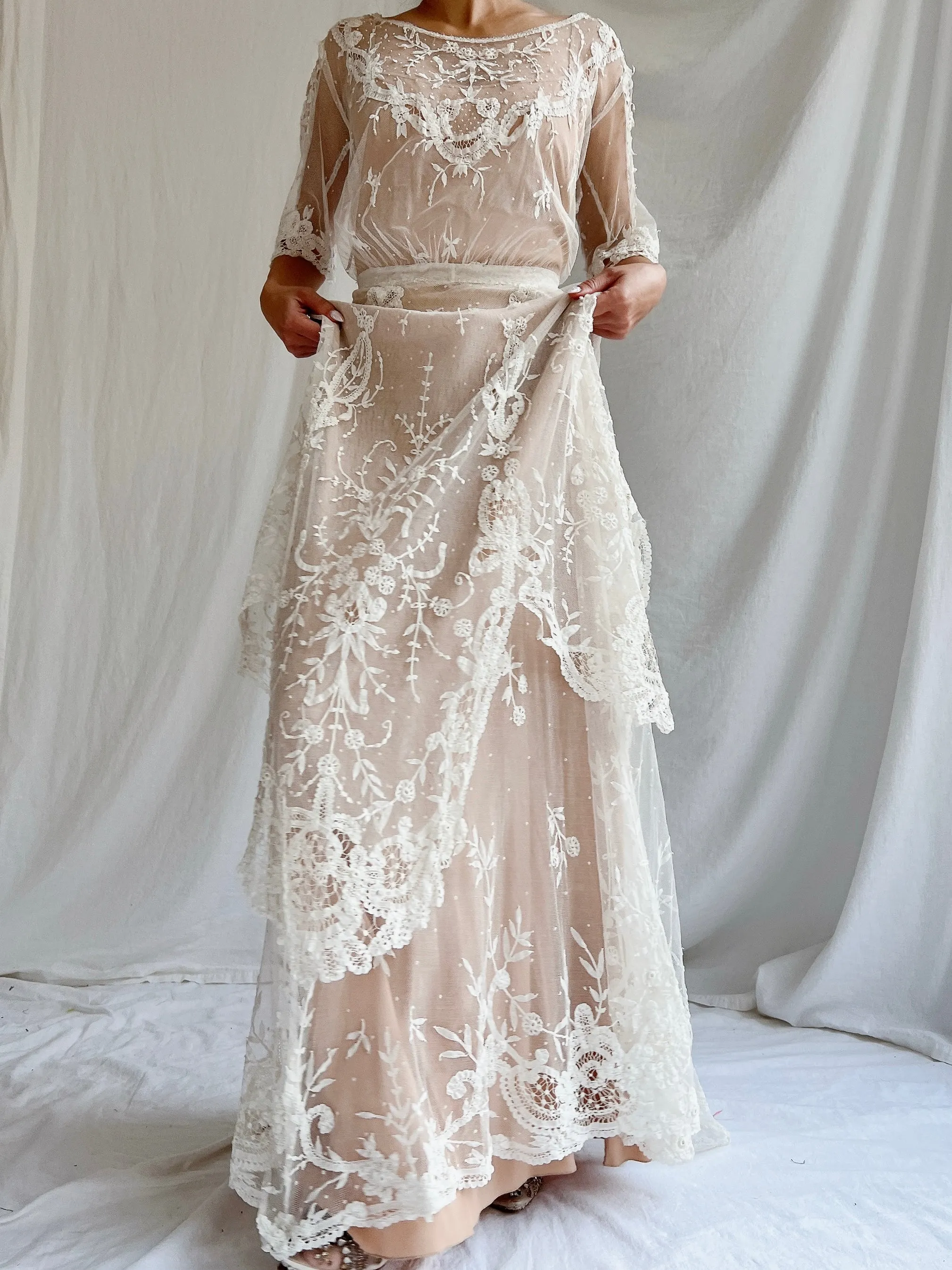 Antique Duchesse Lace Gown with Silk Slip - S