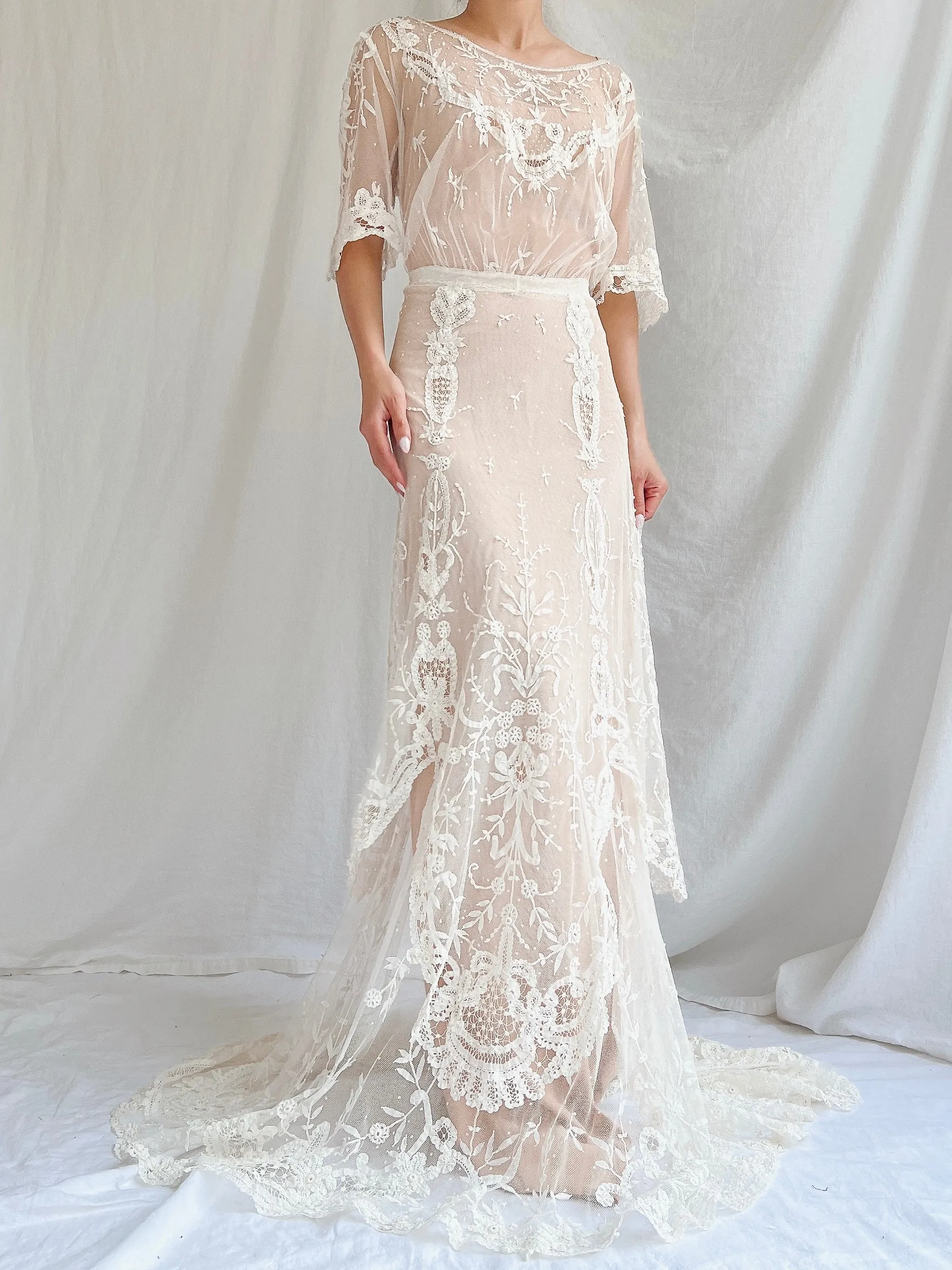 Antique Duchesse Lace Gown with Silk Slip - S