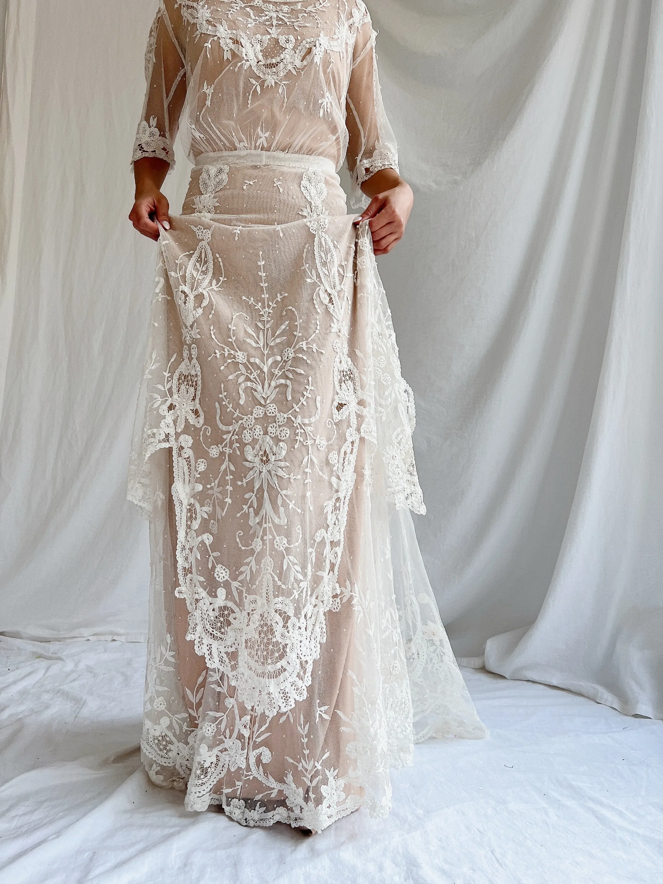 Antique Duchesse Lace Gown with Silk Slip - S