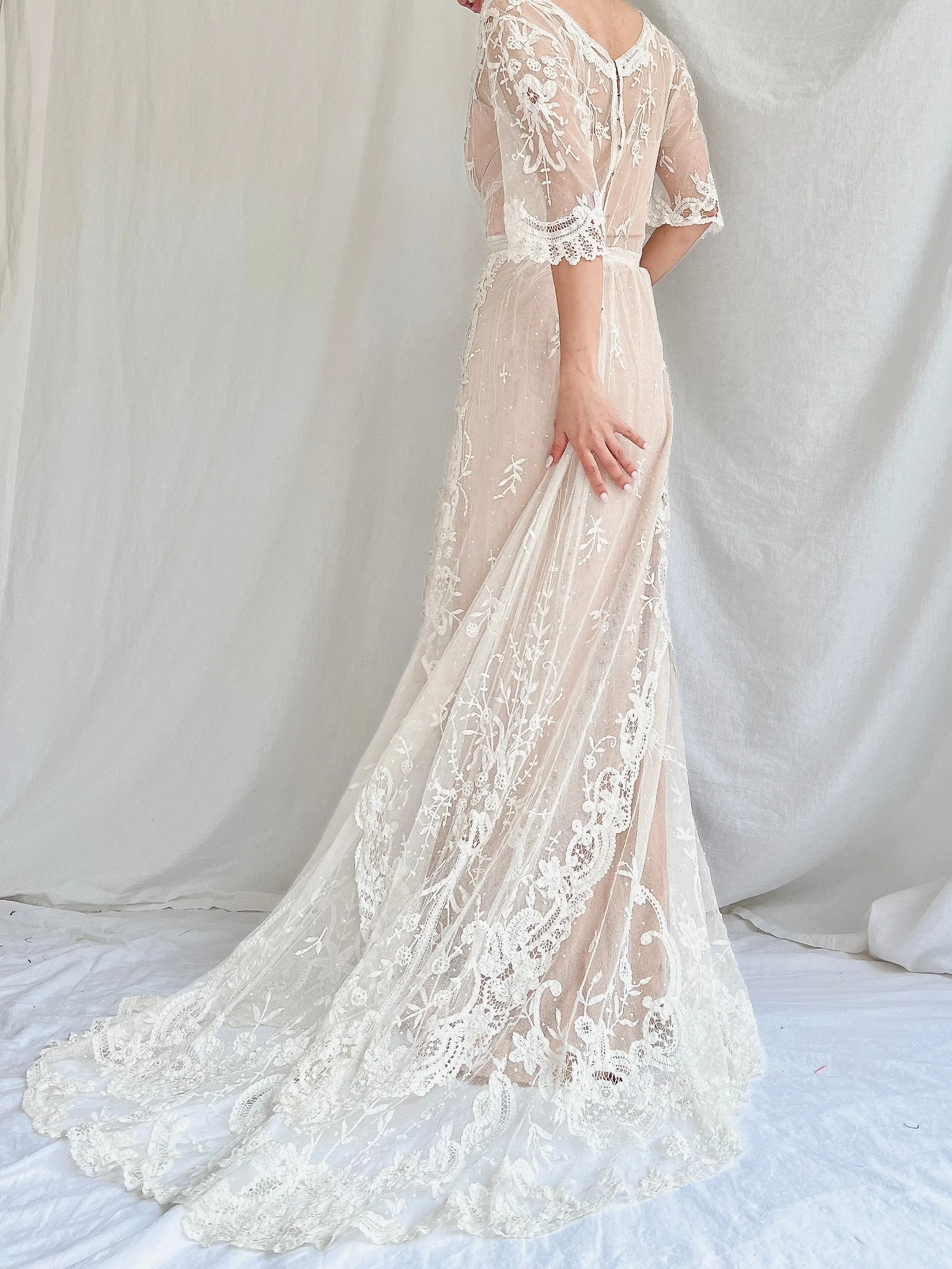 Antique Duchesse Lace Gown with Silk Slip - S