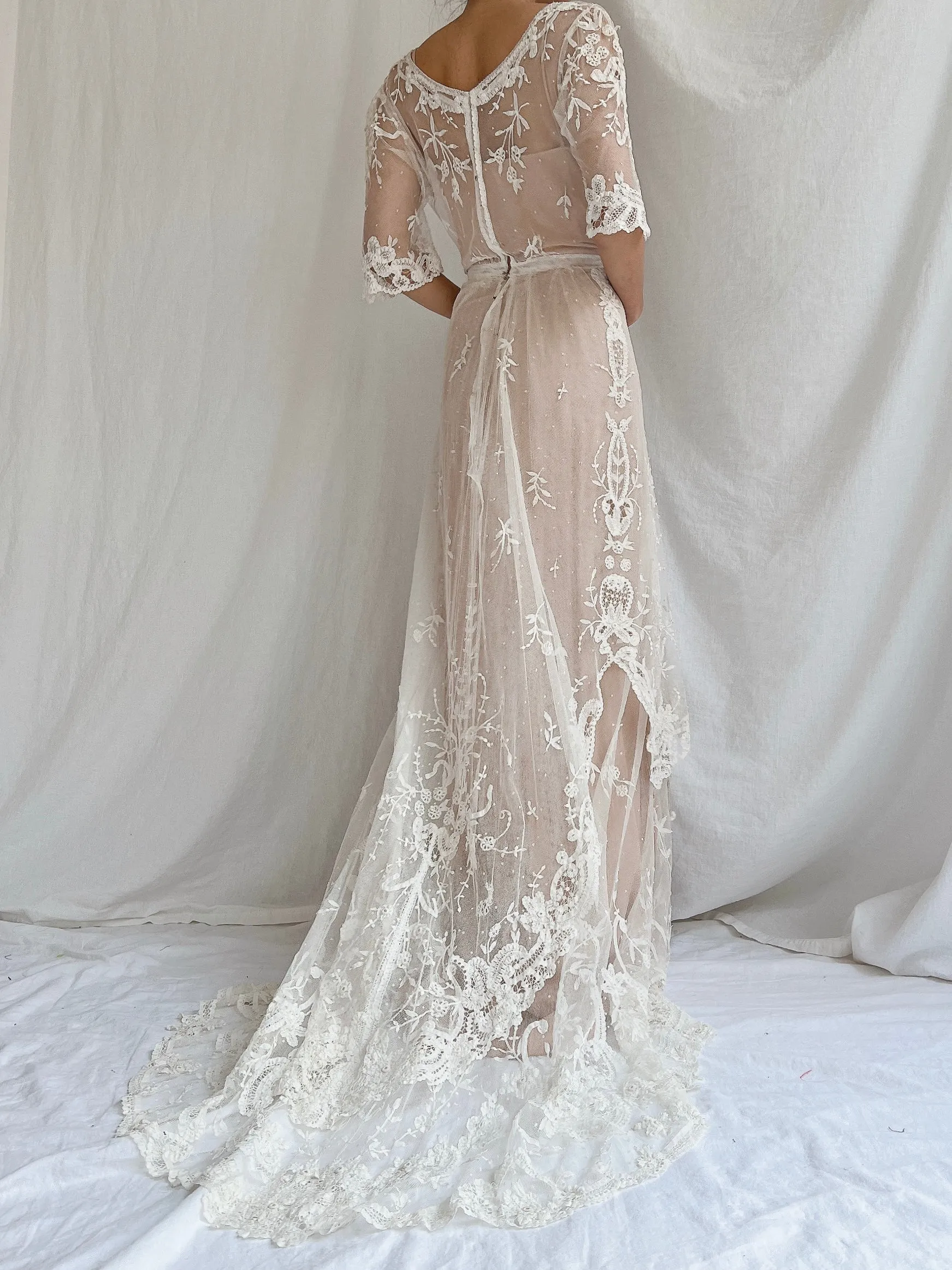 Antique Duchesse Lace Gown with Silk Slip - S