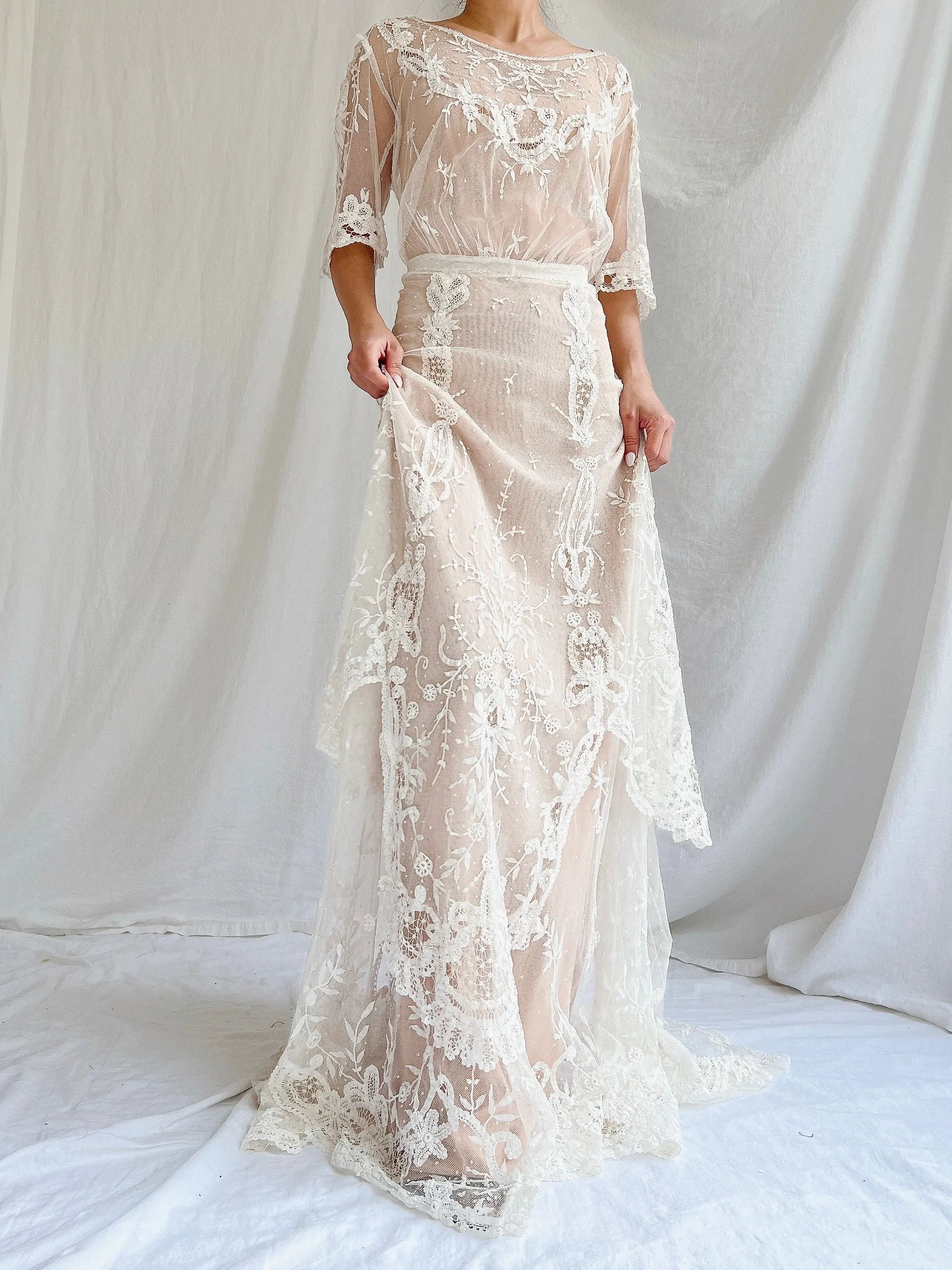 Antique Duchesse Lace Gown with Silk Slip - S