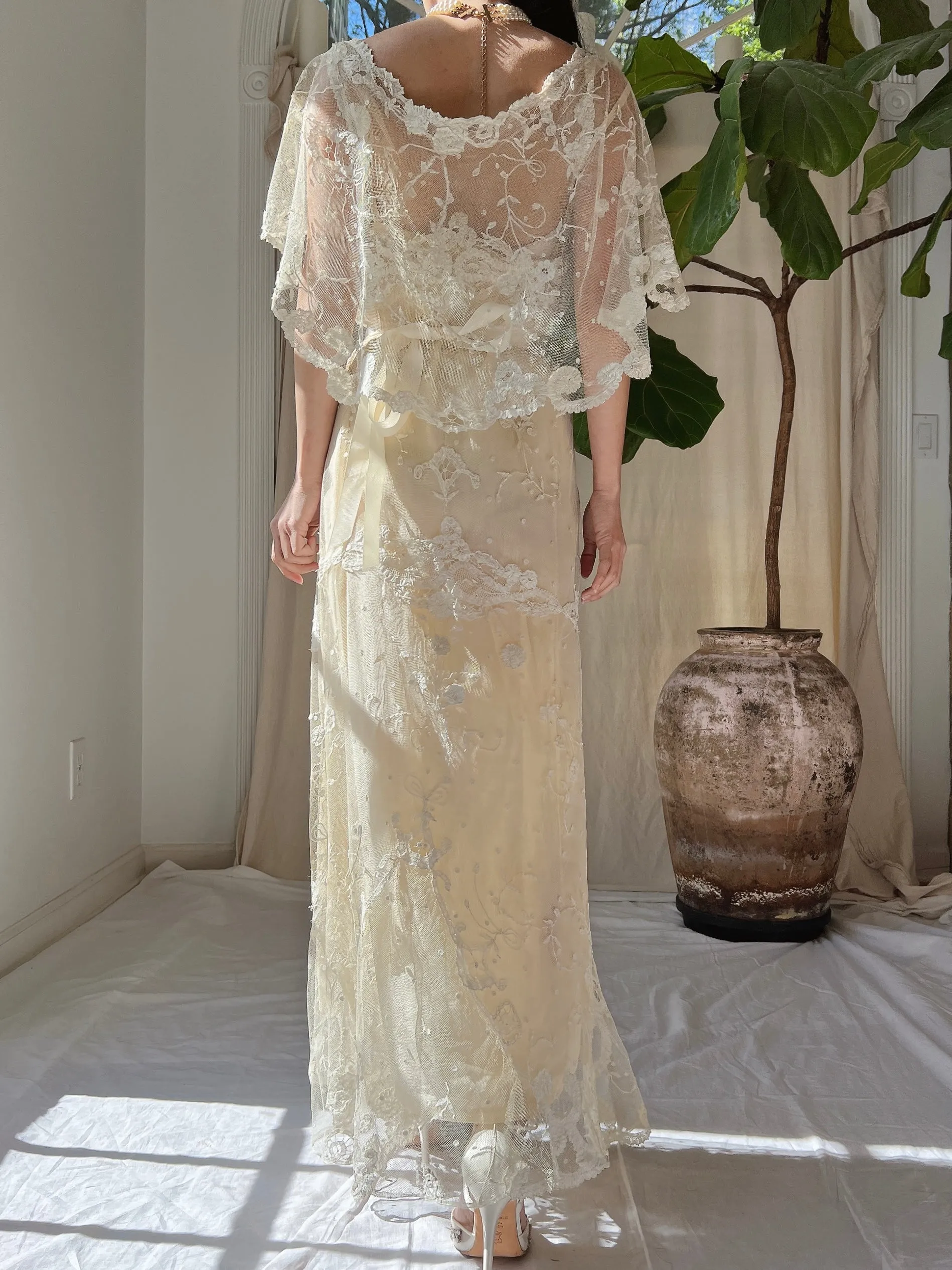 Antique Duchesse Lace Gown with Silk Slip - S