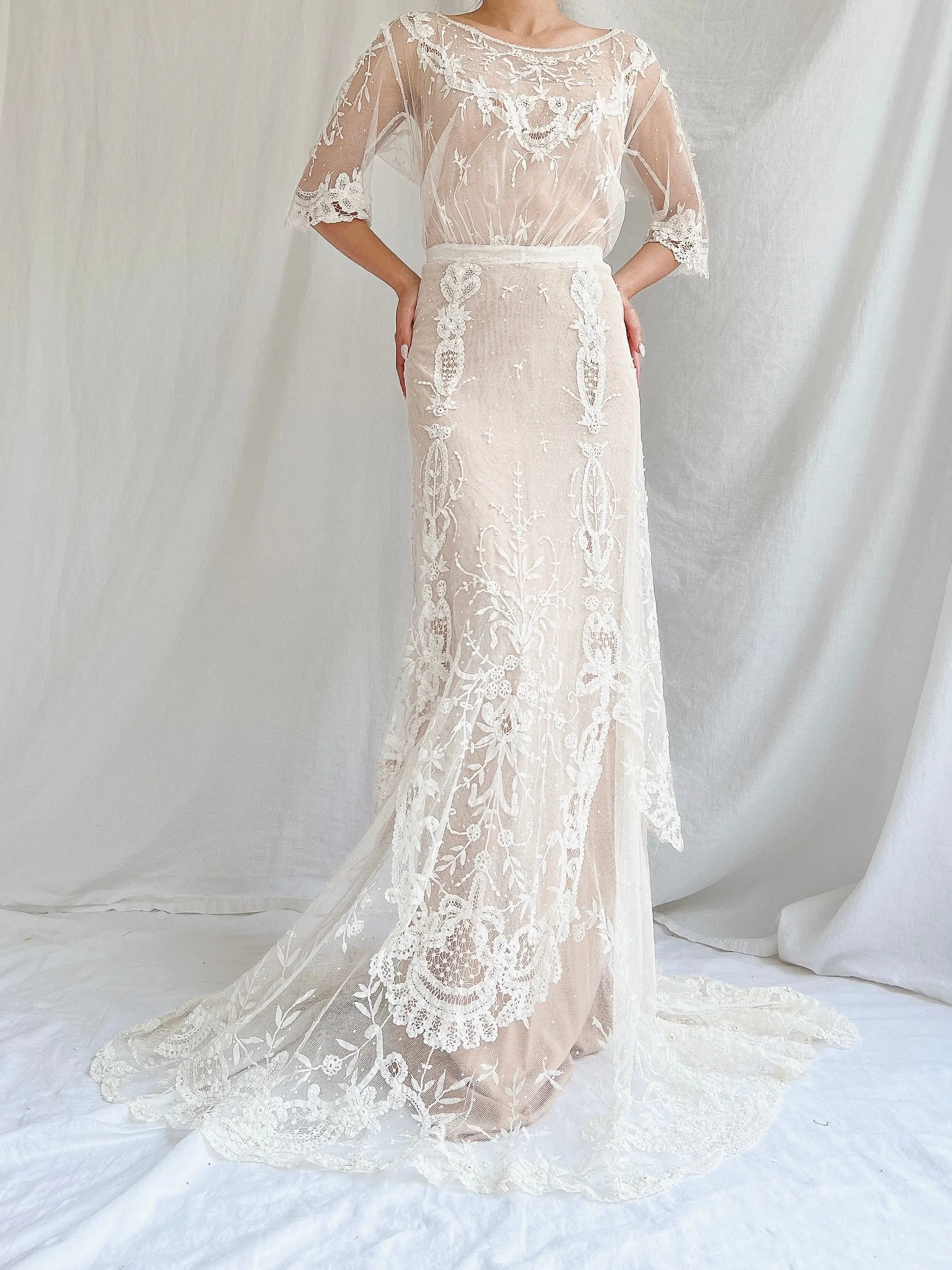 Antique Duchesse Lace Gown with Silk Slip - S