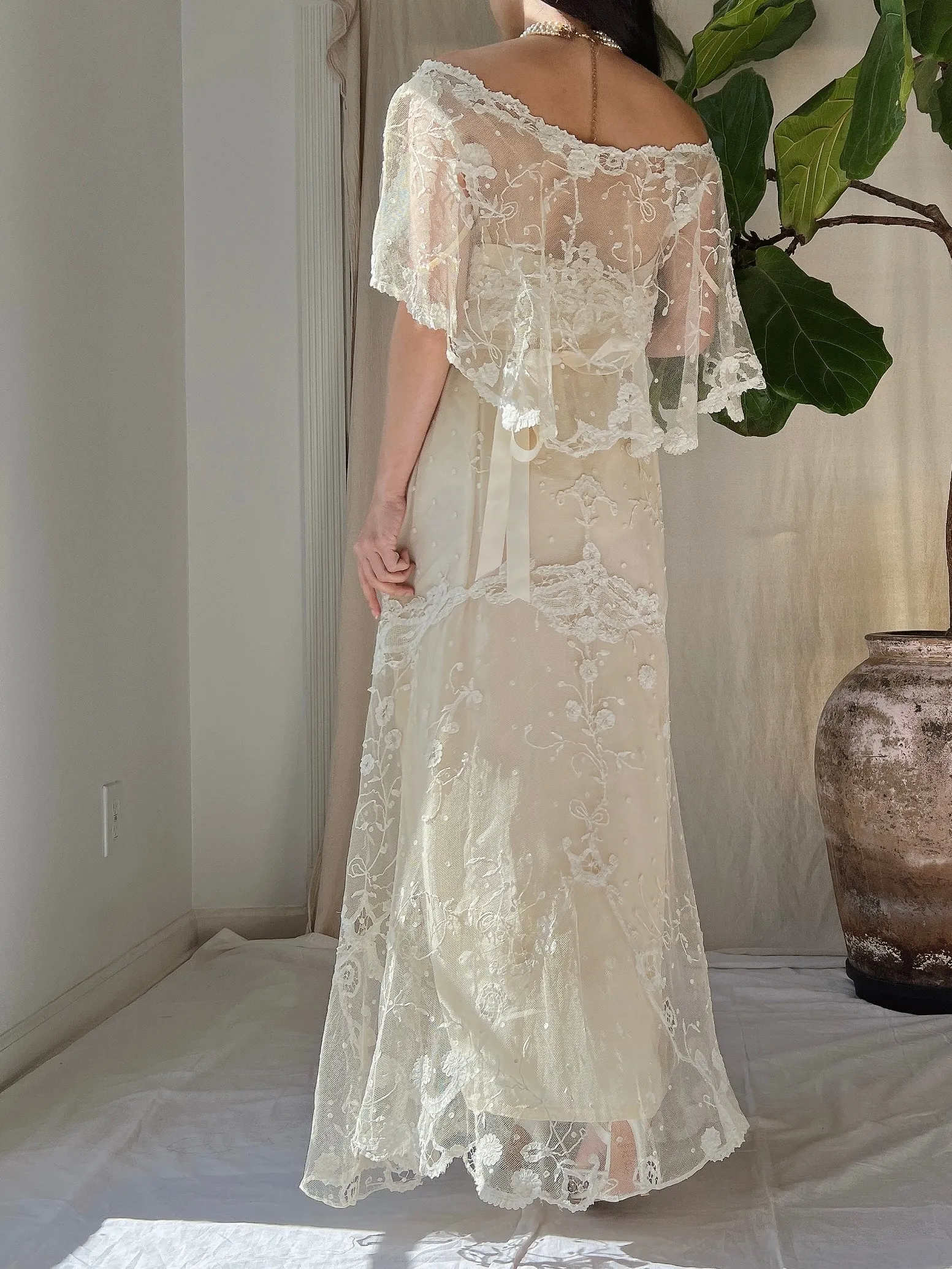 Antique Duchesse Lace Gown with Silk Slip - S